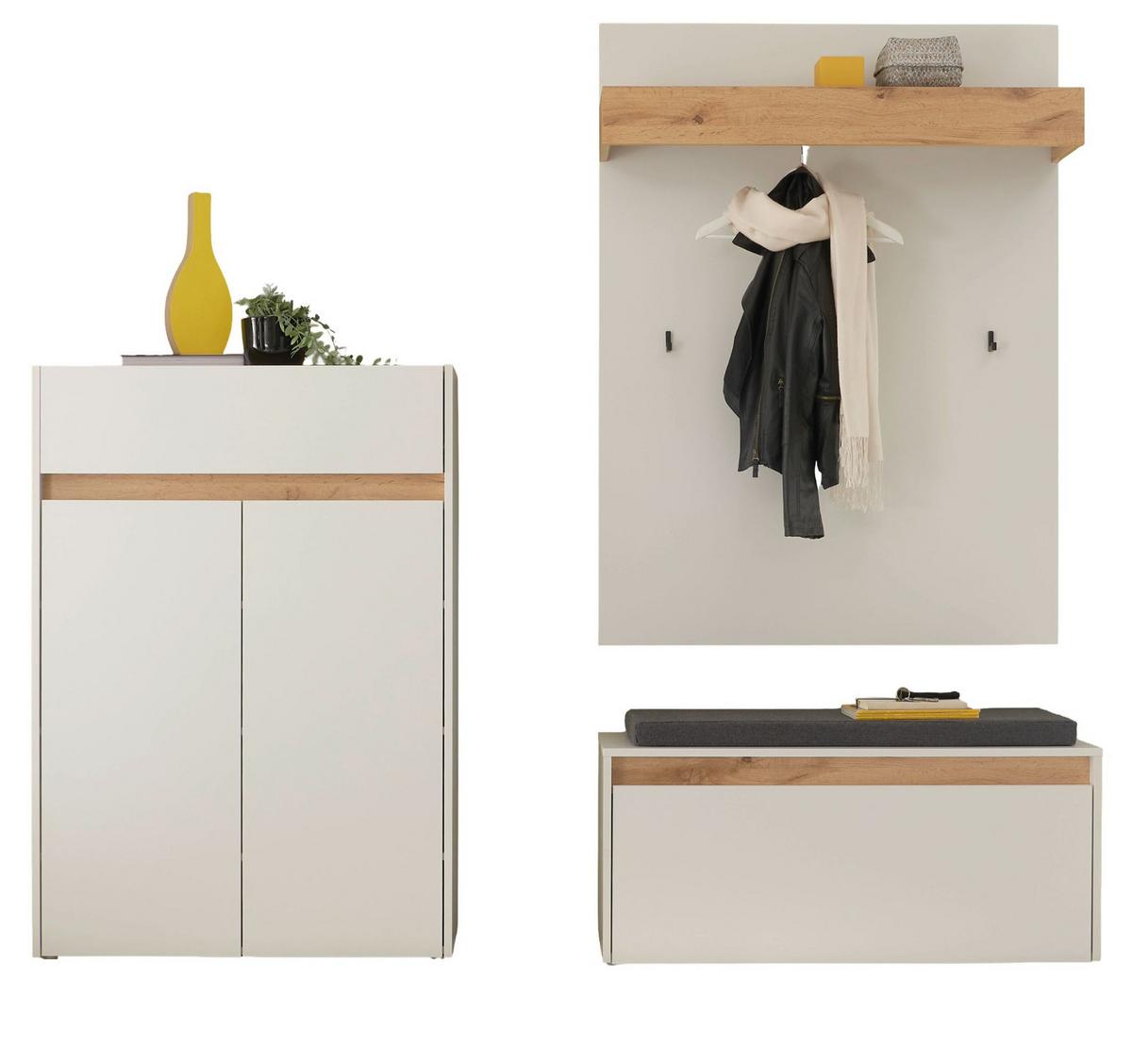 GARDEROBEN-SET weiß matt, Eiche Wotan 4-teilig 195 cm, Sitzbank inklusive Sitzkissen - Eiche Wotan/Schwarz, Holzwerkstoff/Kunststoff (195/200/40cm) - Furn.Design