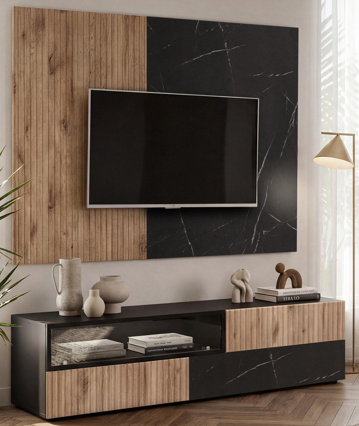 TV-LOWBOARD Eiche, Marmor schwarz 160 cm, TV Unterschrank Set mit Wandpaneel und Push-to-Open - Eichefarben/Schwarz, Holzwerkstoff/Kunststoff (160/180/45cm) - Inn.Furn