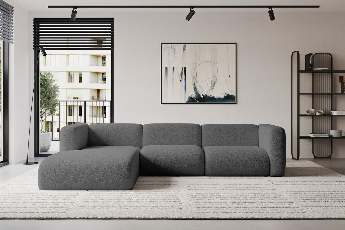 ECKSOFA Ottomane Links MIRA-L2 318x179x89 Grau Bouclé - Platinfarben/Schwarz, Holzwerkstoff/Kunststoff (318/179cm) - ALTDECOR