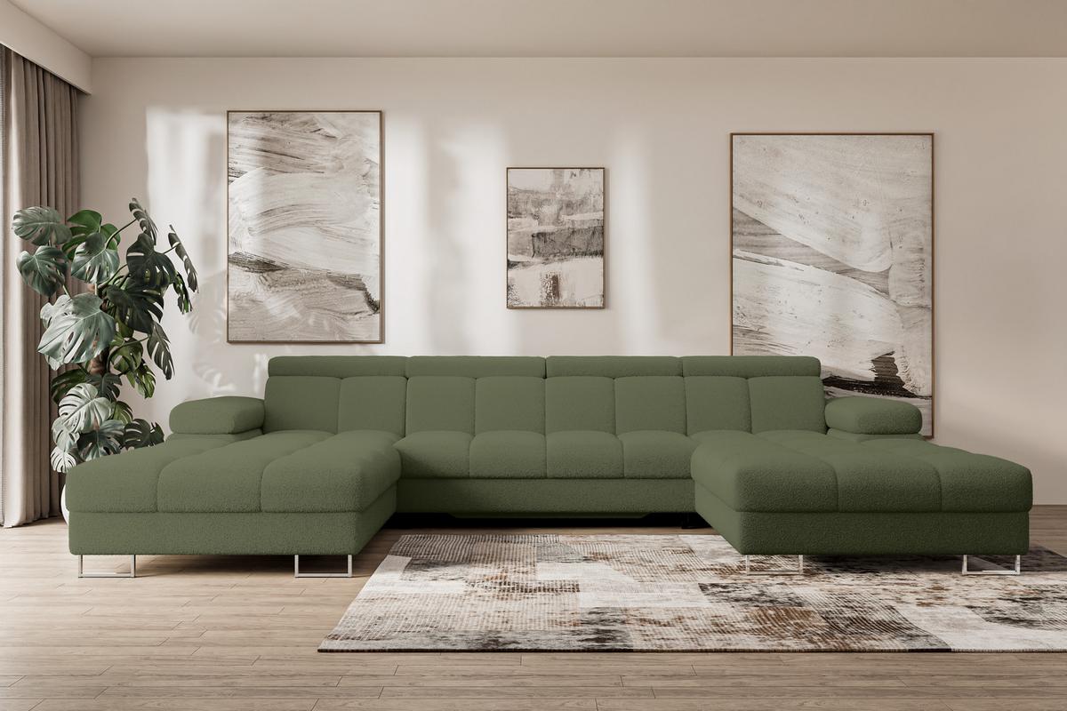WOHNLANDSCHAFT mit Schlaffunktion und Bettkasten COMA U2 345x203x79 Grün Bouclé - Smaragdgrün, Holzwerkstoff/Textil (345/79/203cm) - ALTDECOR