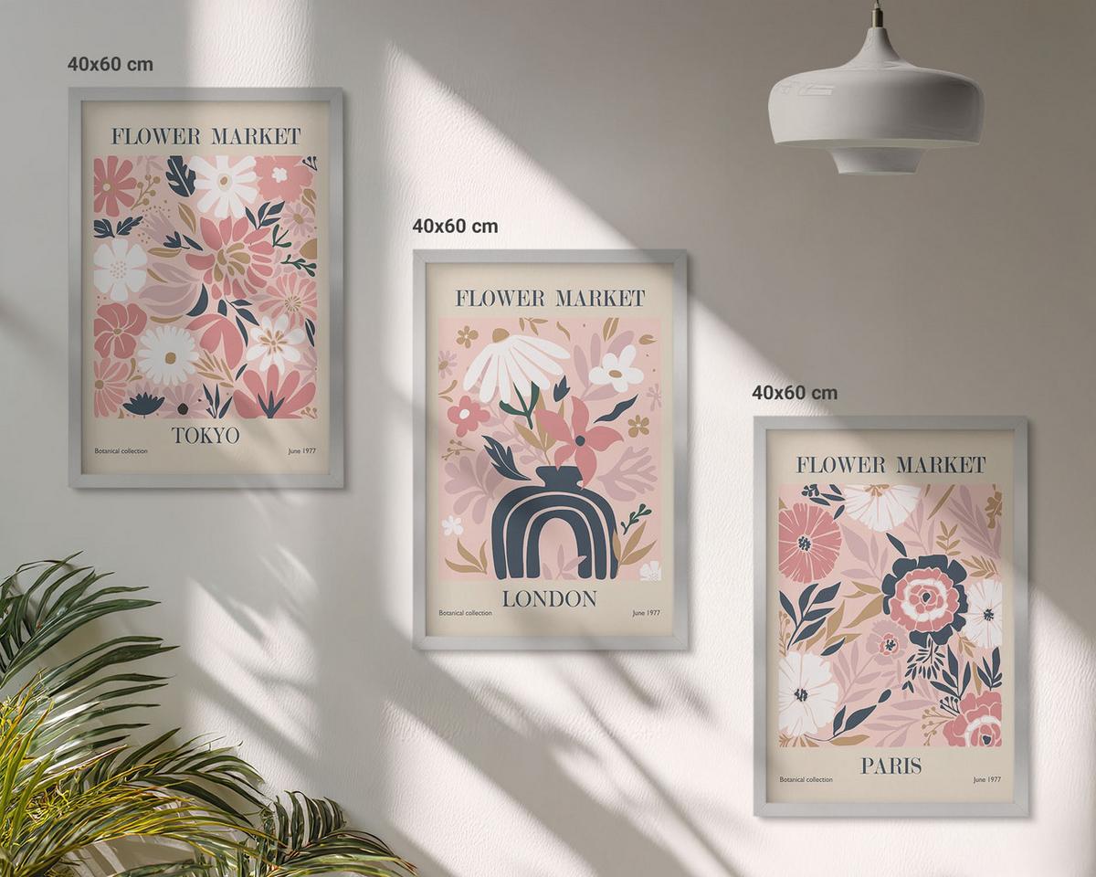 BILDER SET 3er Set - 40x60 cm Silberner Rahmen - Blumenmotive Tokio London Paris - Silberfarben, Kunststoff (40/60cm) - TULUP
