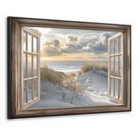 LEINWAND Bilder mit Rahmen - Ausblick - Strand - Dünen - Meer - Natur - 140x90 - Sandfarben, Textil (140/90cm) - MuchoWow