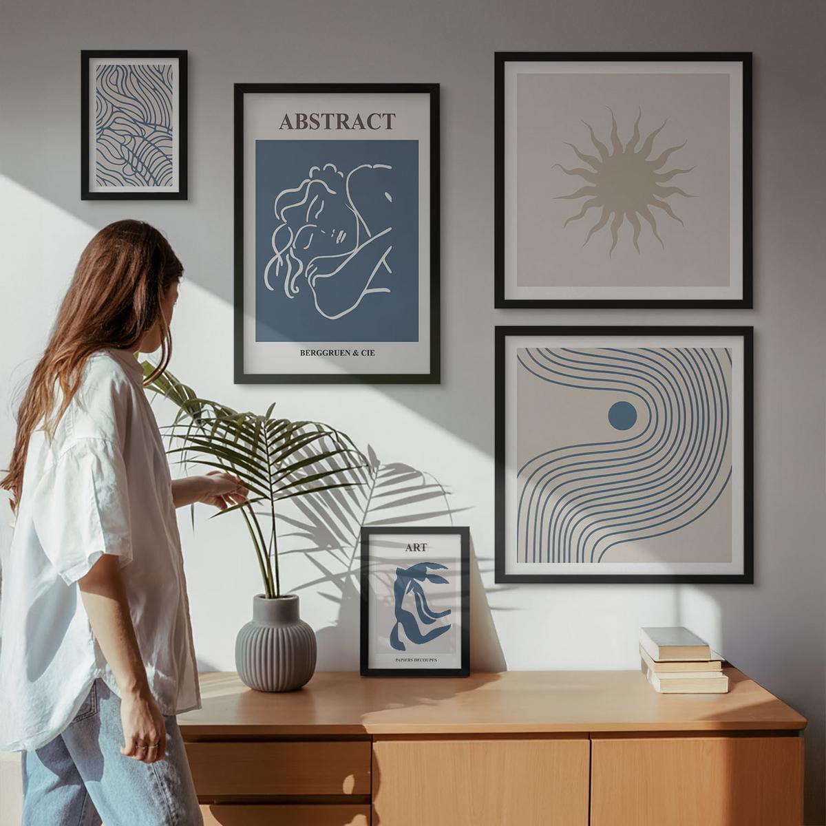 BILDER SET 5er Set - 50x50 cm & 20x30 cm & 40x60 cm Schwarzer Rahmen - Matisses stilvolle abstrakte Muster - Schwarz, Kunststoff (40/60cm) - TULUP