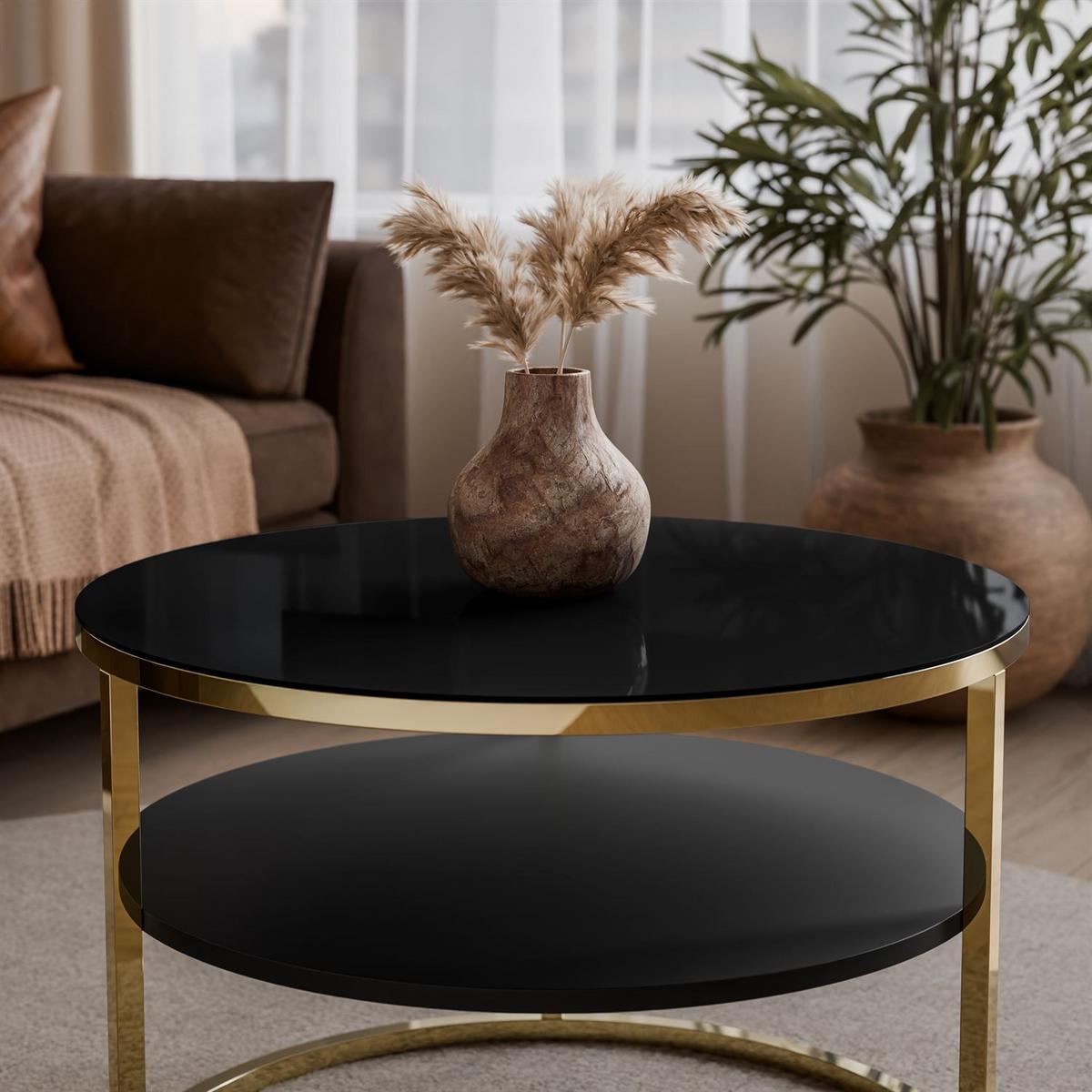 COUCHTISCH CIRI GLASS mit Ablage und Gestell in Goldchrom Schwarzes Glass - Goldfarben/Schwarz, Glas (70/70/47cm) - Lookway