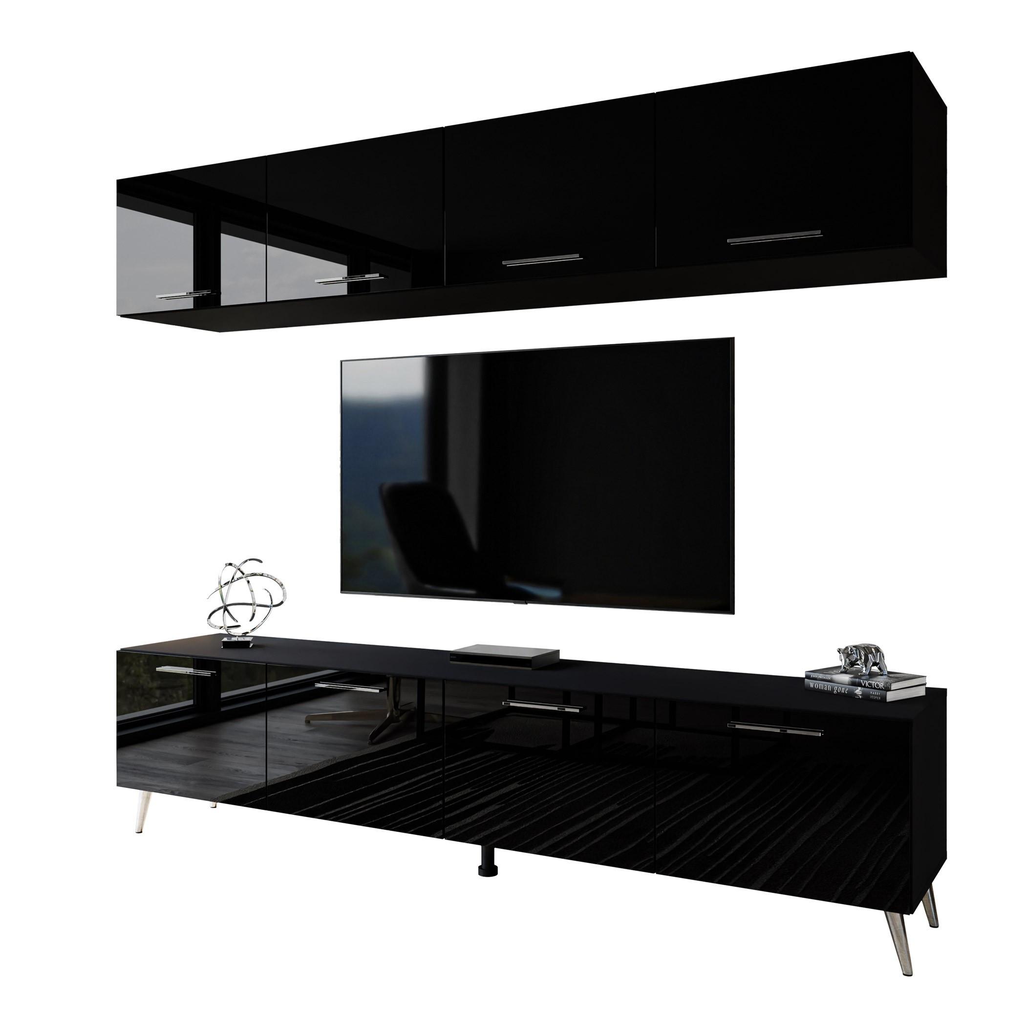 WOHNWÄNDE AURA mit Griffen Schwarz Hochglanz – Füße in Chrom - Chromfarben/Schwarz Hochglanz, Holzwerkstoff (200/49/40cm) - Lookway