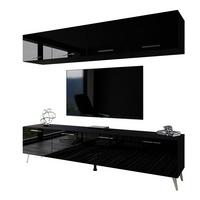 WOHNWÄNDE AURA mit Griffen Schwarz Hochglanz mit LED-Beleuchtung – Füße in Chrom - Chromfarben/Schwarz Hochglanz, Holzwerkstoff (200/49/40cm) - Lookway