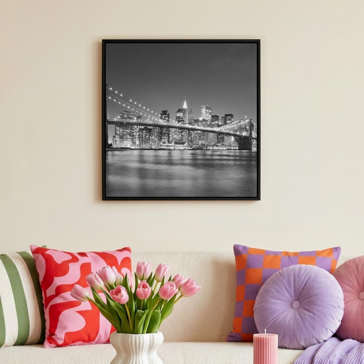 LEINWAND Bilder mit Rahmen - New York - Brücke - Brooklyn - Schwarz und weiß - Architektur - 50x50 - Schwarz, Textil (50/50cm) - MuchoWow
