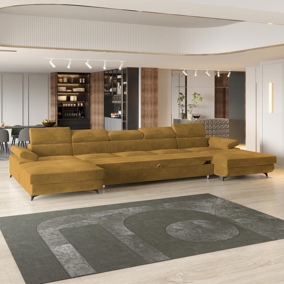 WOHNLANDSCHAFT VIVENTE Gelb Velours-Stoff mit Schlaffunktion - Gelb, Holz (410/89/190cm) - MASSENO
