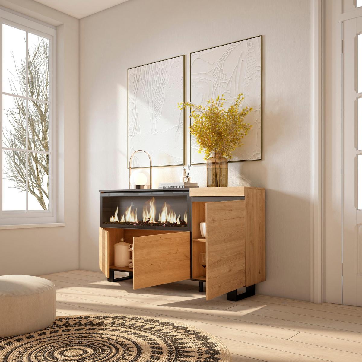 SIDEBOARD Highboard, mit Elektrokamin XXL, eiche, 158/35/87cm - Eichefarben, Holzwerkstoff (158/87/35cm) - Skraut Home