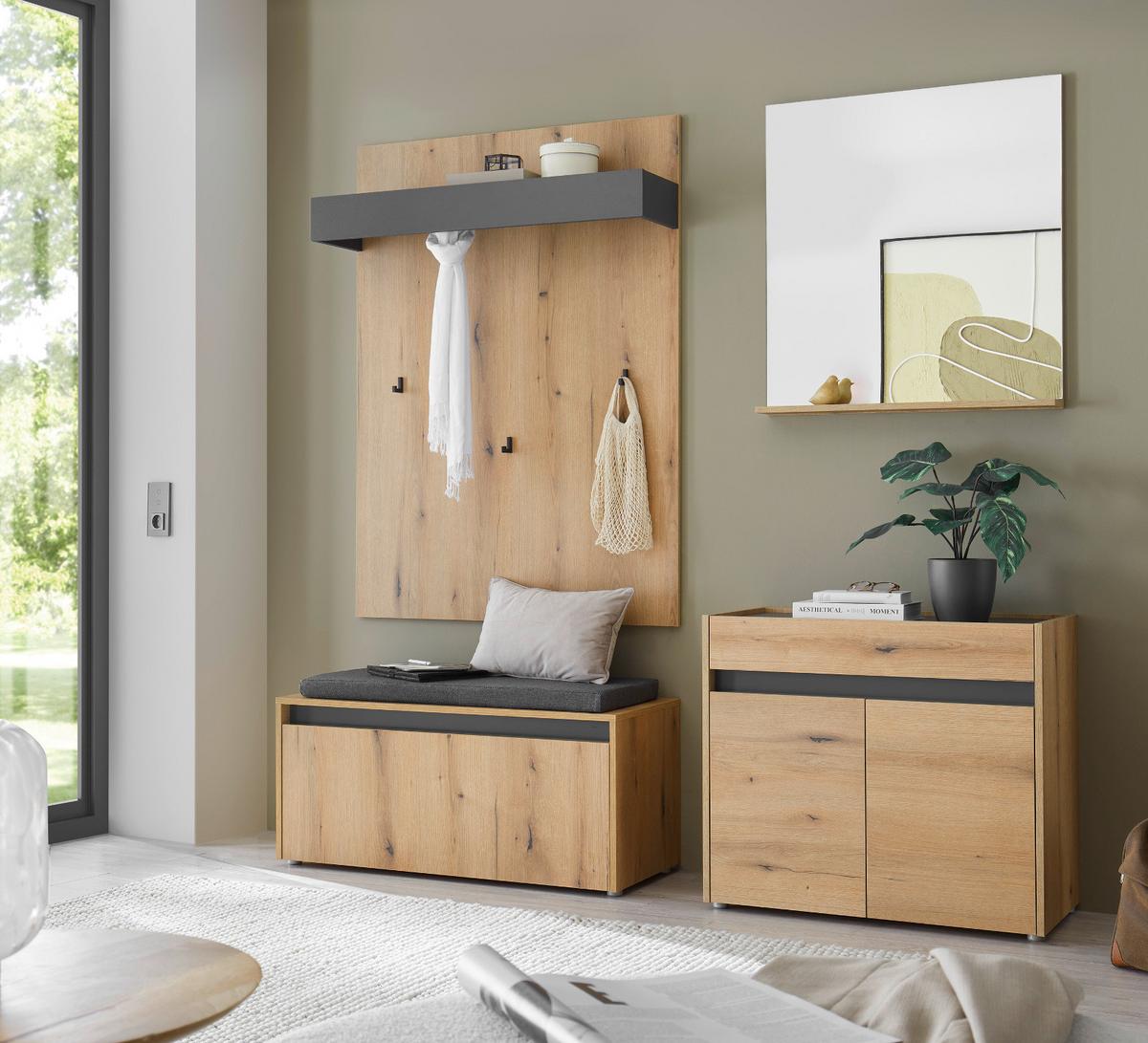 GARDEROBE-SET Evoke Eiche mit Grau, 5-teilige Flurgarderobe 190 cm inklusive Sitzkissen - Eichefarben/Schwarz, Glas/Holzwerkstoff (190/200/40cm) - Furn.Design