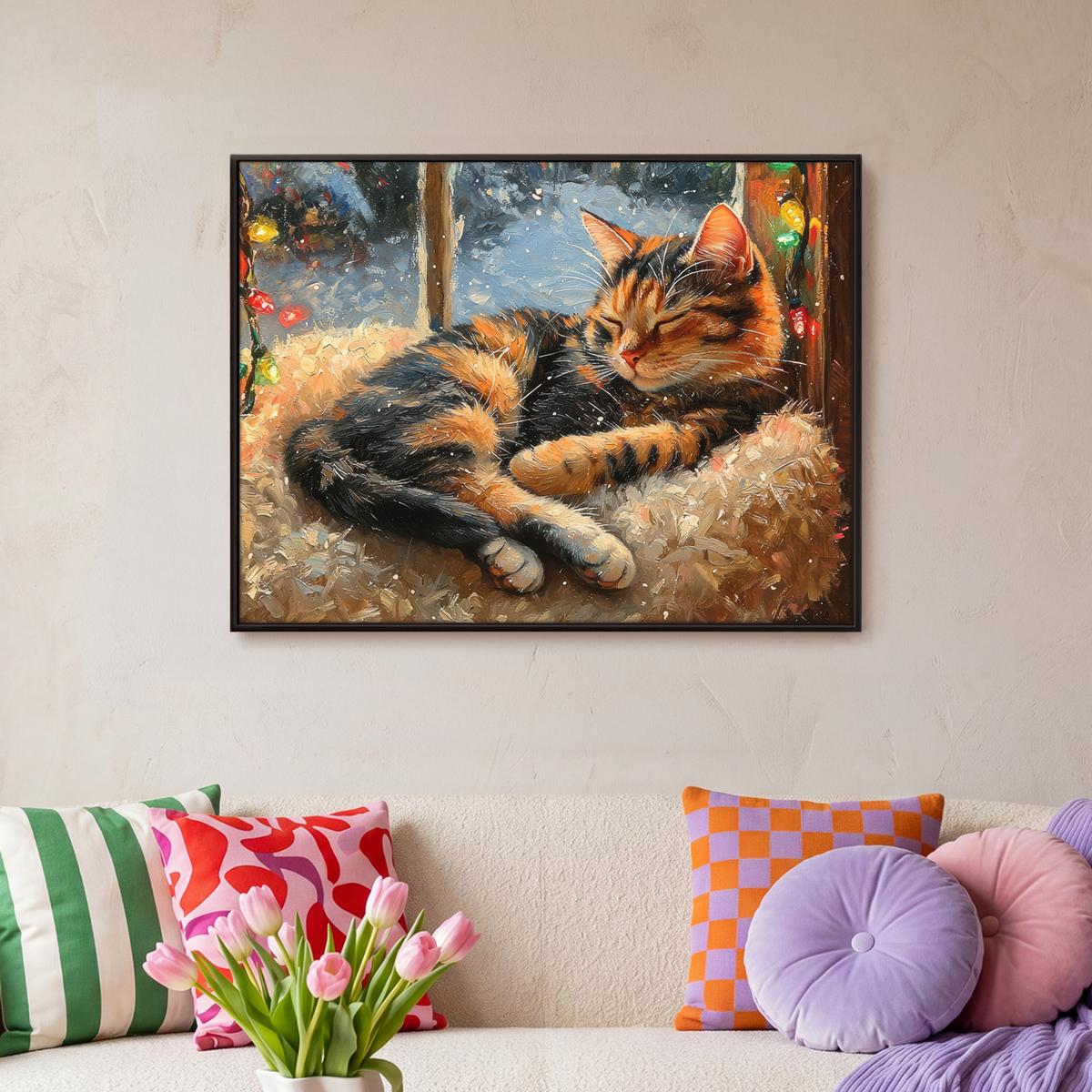 LEINWAND Bilder mit Rahmen - Katze - Weihnachten - Winter - Tier - 70x50 - Bernsteinfarben, Textil (70/50cm) - MuchoWow