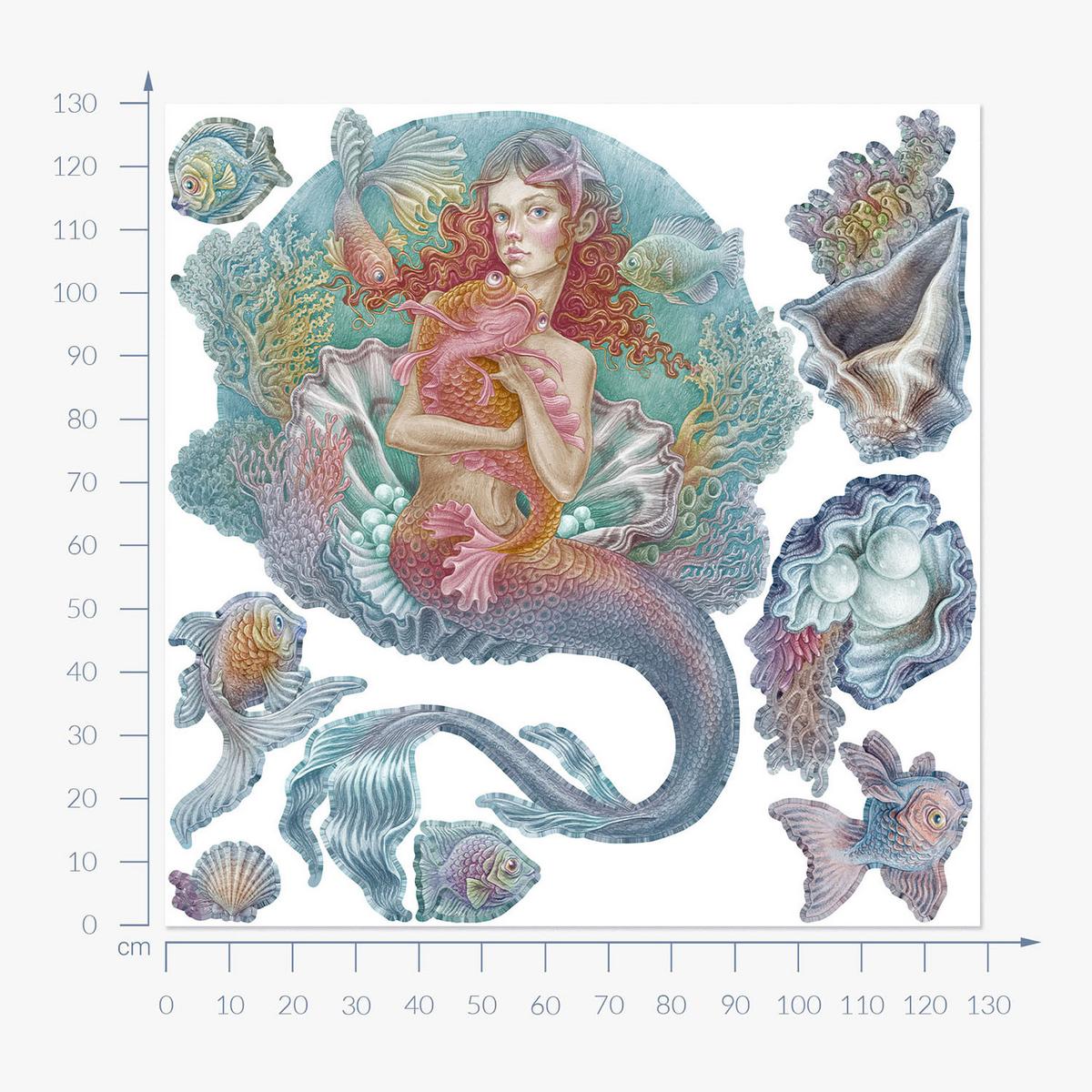 WANDAUFKLEBER 130x129cm - Meerjungfrauen-Zeichentrickwelt - Multicolor, Kunststoff (130/129/0.1cm) - Wallfluent