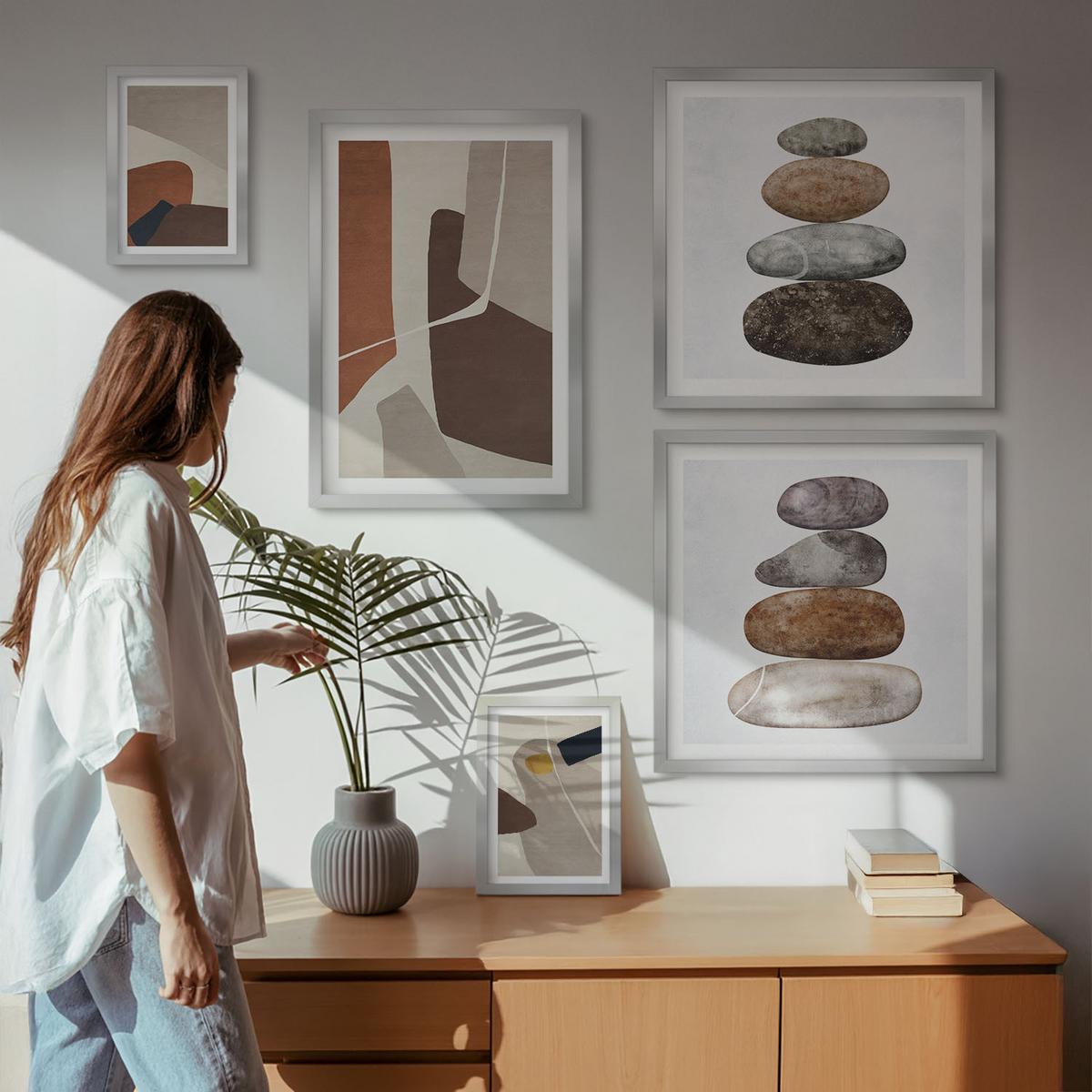 BILDER SET 5er Set - 50x50 cm & 20x30 cm & 40x60 cm Silberner Rahmen - Abstrakte Boho-Formen - Silberfarben, Kunststoff (40/60cm) - TULUP