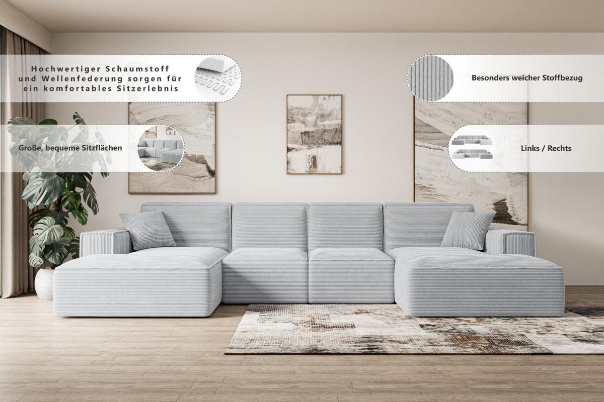 WOHNLANDSCHAFT SIERRA-U - 349x169x80 cm Weiß Bouclé - Schwarz/Weiß, Holzwerkstoff/Kunststoff (349/80/169cm) - ALTDECOR