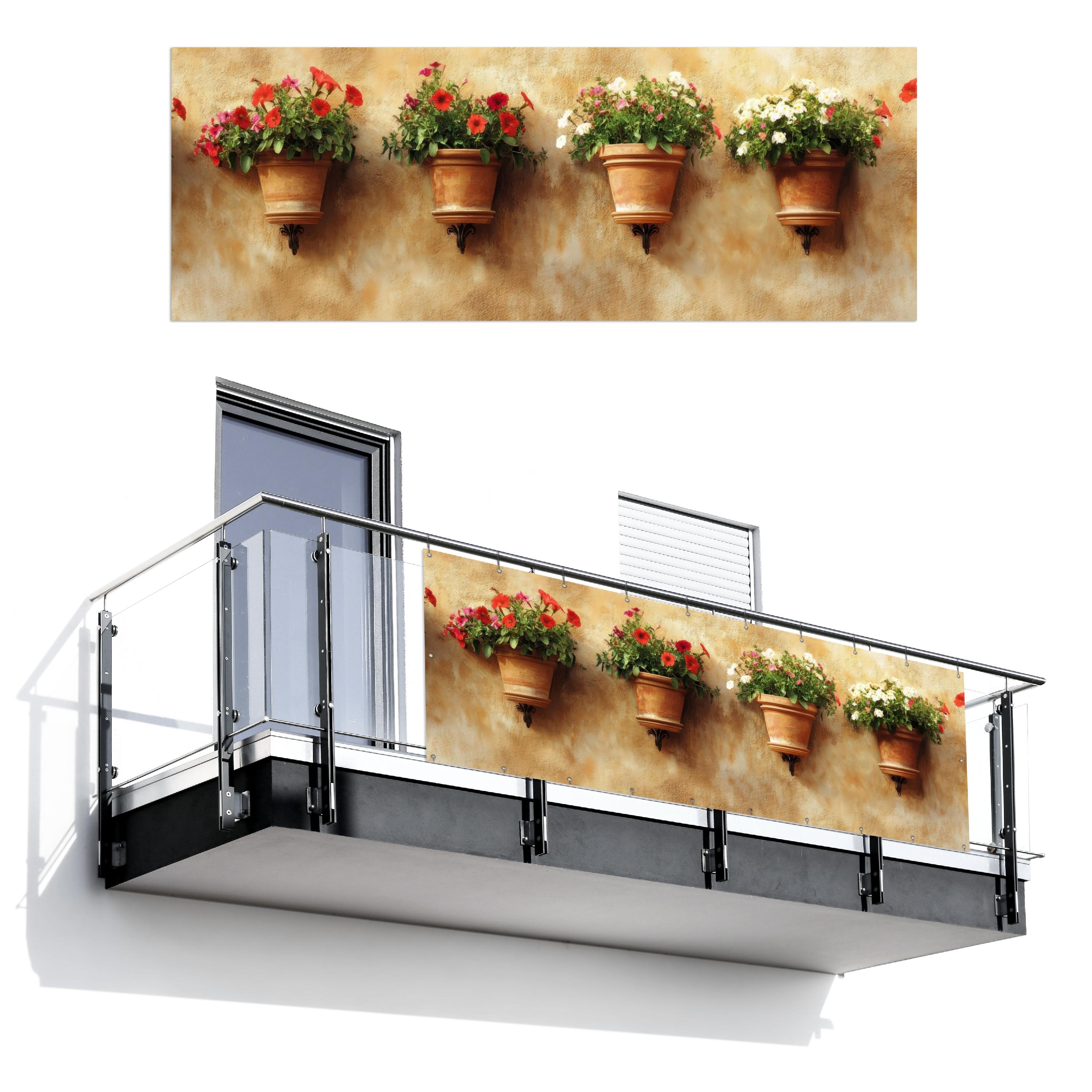 BALKON-SICHTSCHUTZ Blumentöpfe - Wand - Vintage Balkon Deko 300x110 cm - Terracotta, Kunststoff (300/110cm) - MuchoWow