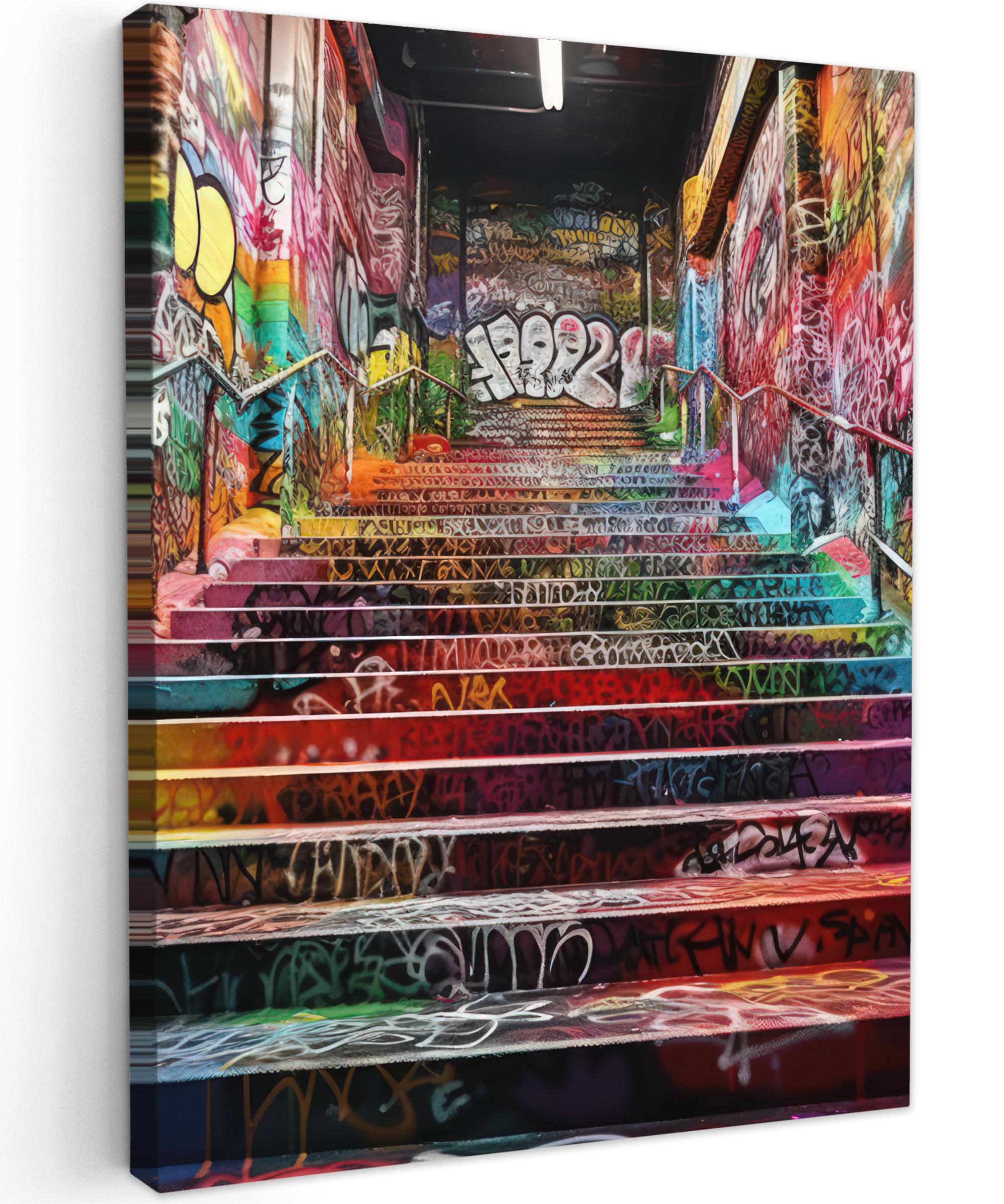 LEINWANDBILD Treppe - Graffiti - Farben - Kunst Wandbild Wohnzimmer 60x80 cm - Multicolor, Textil (60/80cm) - MuchoWow