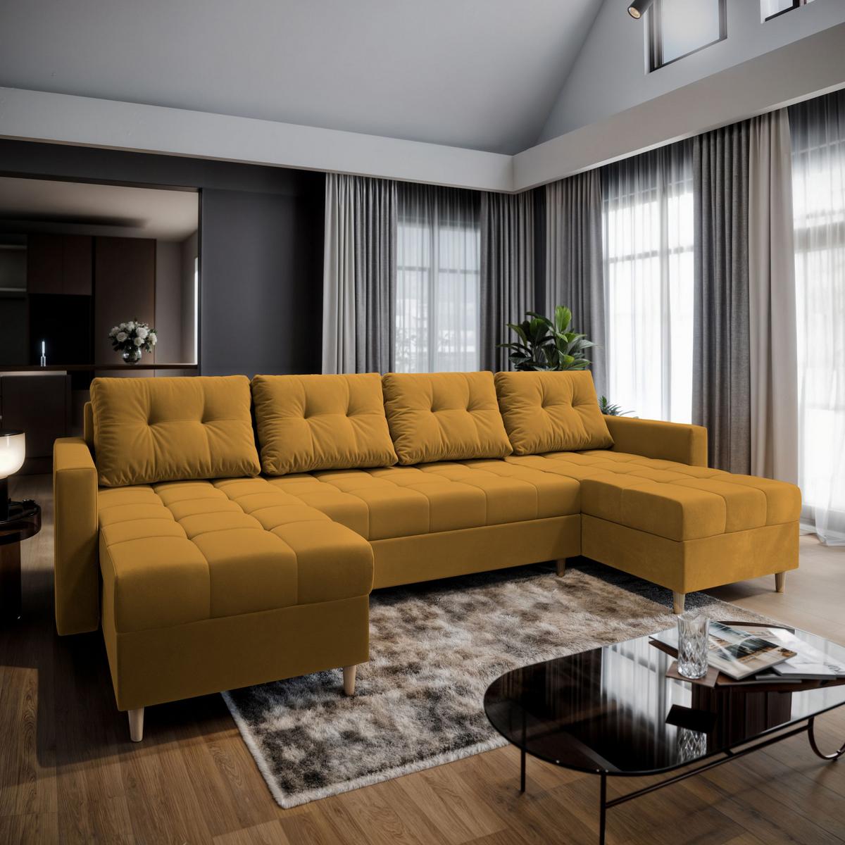 WOHNLANDSCHAFT MILO U Gelb Plüsch-Stoff mit Schlaffunktion - Gelb/Braun, Holz/Textil (285/91/140cm) - MASSENO