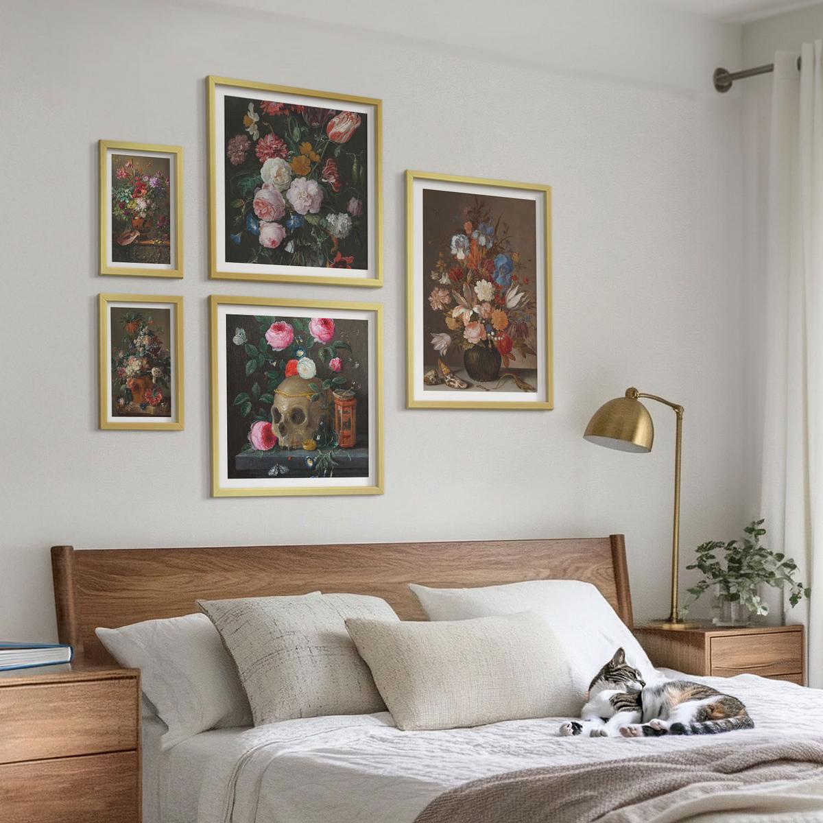 BILDER SET 5er Set - 50x50 cm & 20x30 cm & 40x60 cm Goldrahmen - Pfingstrosenporträt einer Frau für Zuhause - Goldfarben, Kunststoff (40/60cm) - TULUP