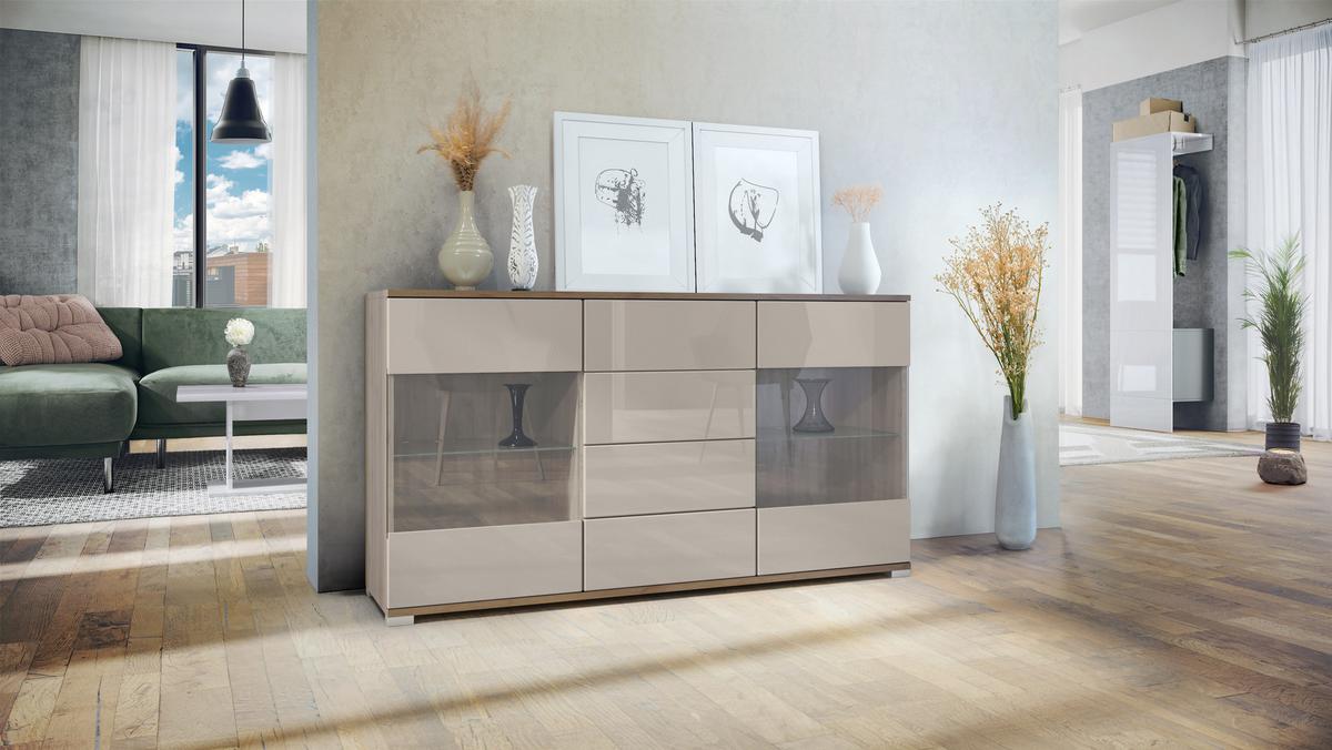SIDEBOARD Bari Sandgrau Hochglanz - Sandfarben, Holzwerkstoff (138.5/75.5/35cm) - Vladon