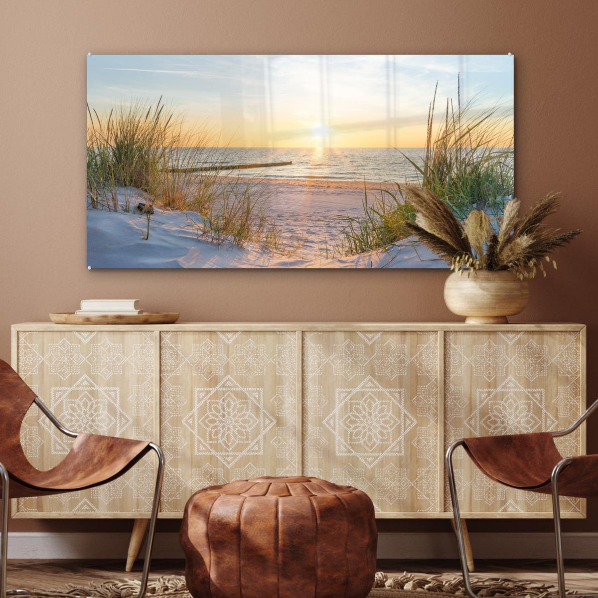 ACRYLGLASBILD Strand - Sonne - Düne - Gras - Sand - Horizont 120x60 cm - Hellblau, Glas (120/60cm) - MuchoWow