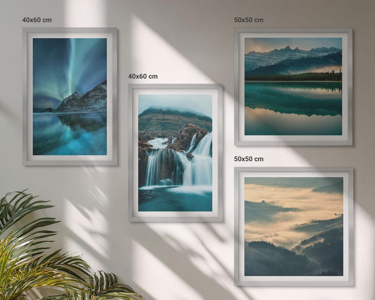 BILDER SET 4er Set - 50x50 cm & 40x60 cm Silberner Rahmen - Winterlandschaften, Wasserfälle, Nordlichter - Silberfarben, Kunststoff (50/50cm) - TULUP