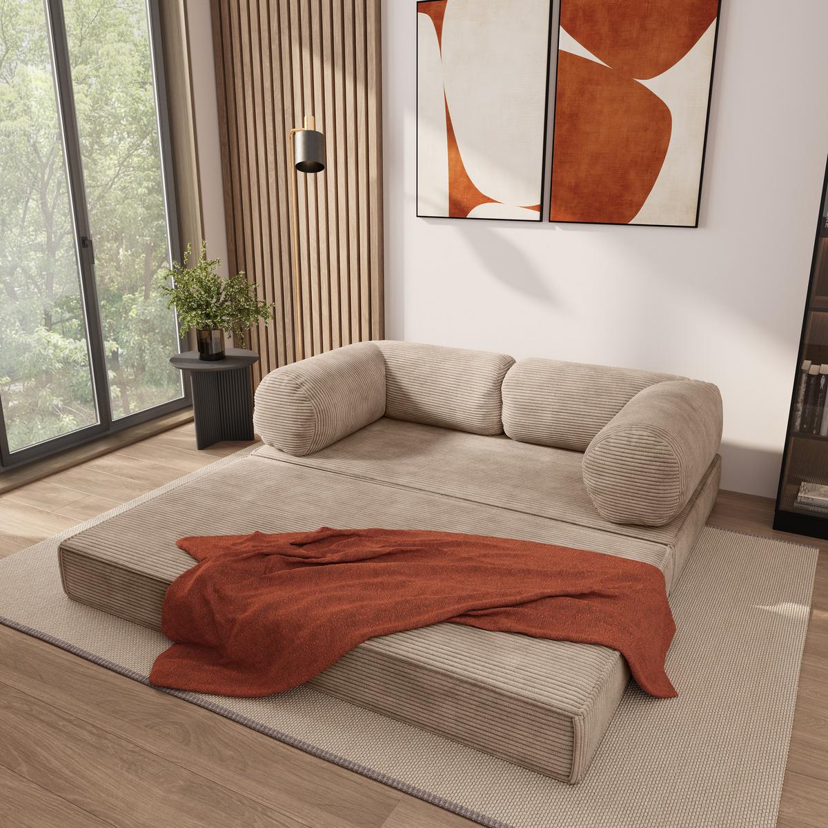 BETTSOFA ALVIO aus Schaumstoff Kordstoff Beige Schlaffunktion - Beige, Textil (170/68/80cm) - MASSENO