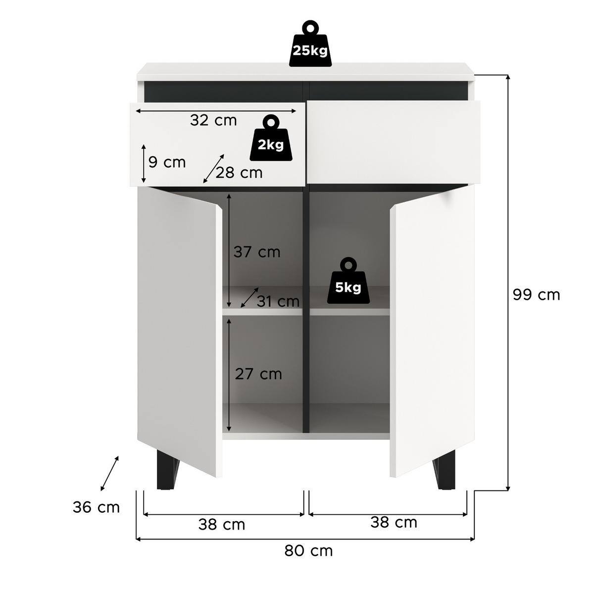 KOMMODE weiß, schwarz, Highboard 80 x 99 cm, Soft-Close, Gelia - Schwarz/Weiß, Holzwerkstoff/Metall (80/99/36cm) - Inn.Furn