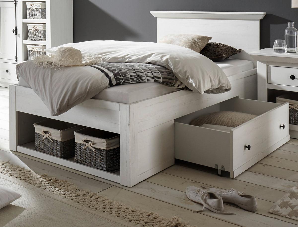 BETT Pinie weiß Liegefläche 140 x 200 cm, Stauraumbett mit Bettschubkasten - Schwarz/Weiß, Holzwerkstoff/Kunststoff (140/200cm) - Furn.Design