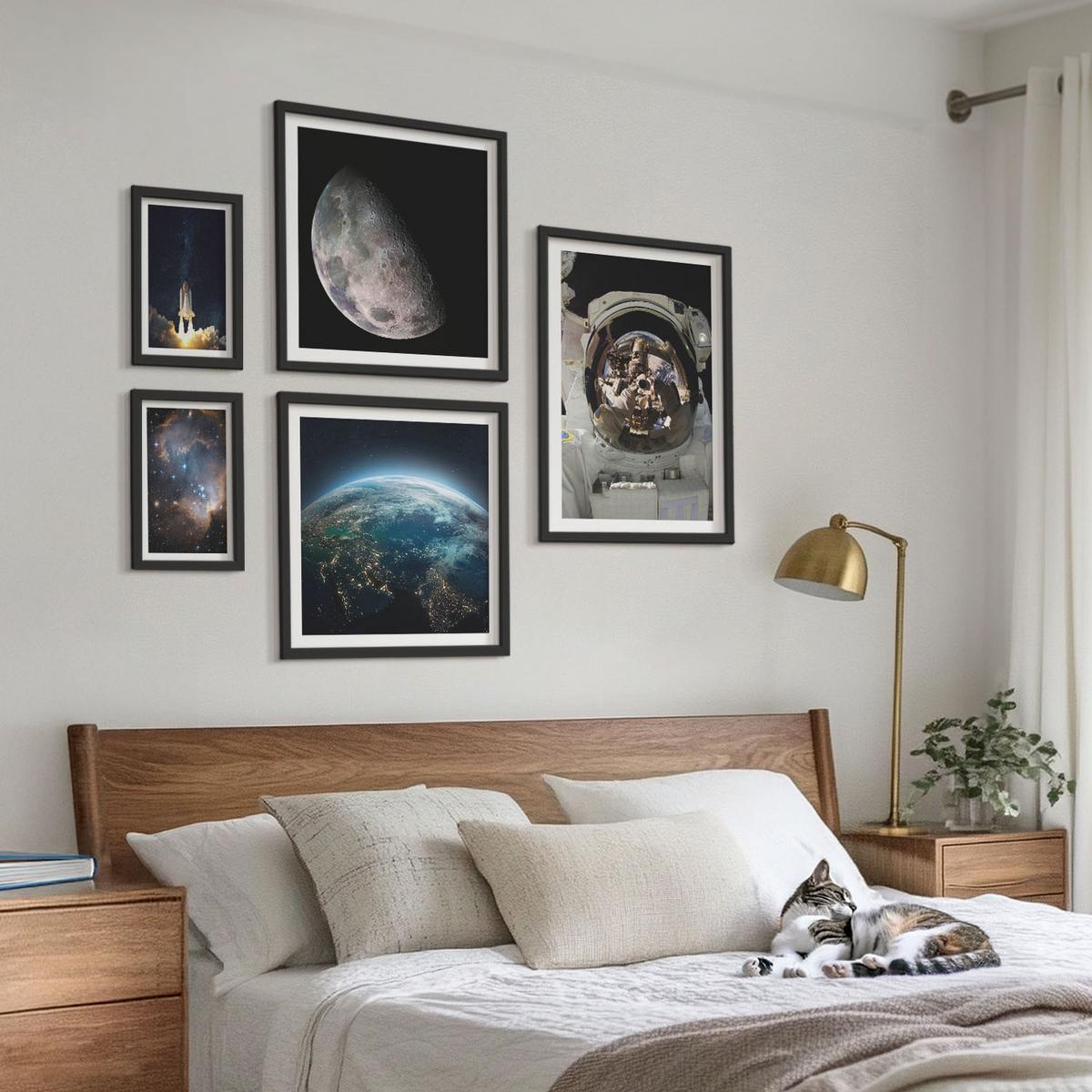 BILDER SET 5er Set - 50x50 cm & 20x30 cm & 40x60 cm Schwarzer Rahmen - Weltraum Erde Rakete Galaxie - Schwarz, Kunststoff (40/60cm) - TULUP