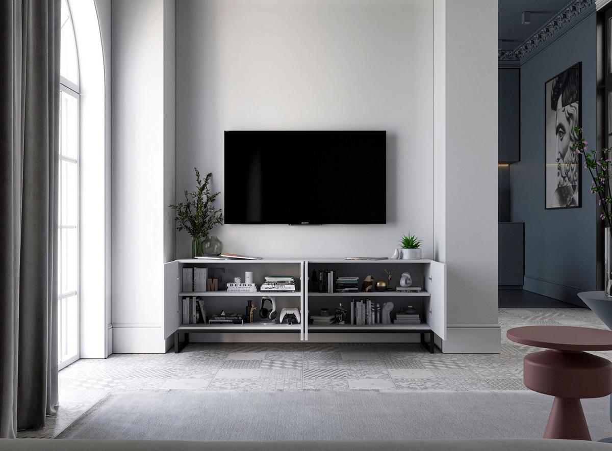 TV-SCHRANK Elpis Weiß Matt mit Metallrahmen Glamour 150 cm - Schwarz/Weiß, Holzwerkstoff/Metall (150/51.5/36.5cm) - Meble Lindner