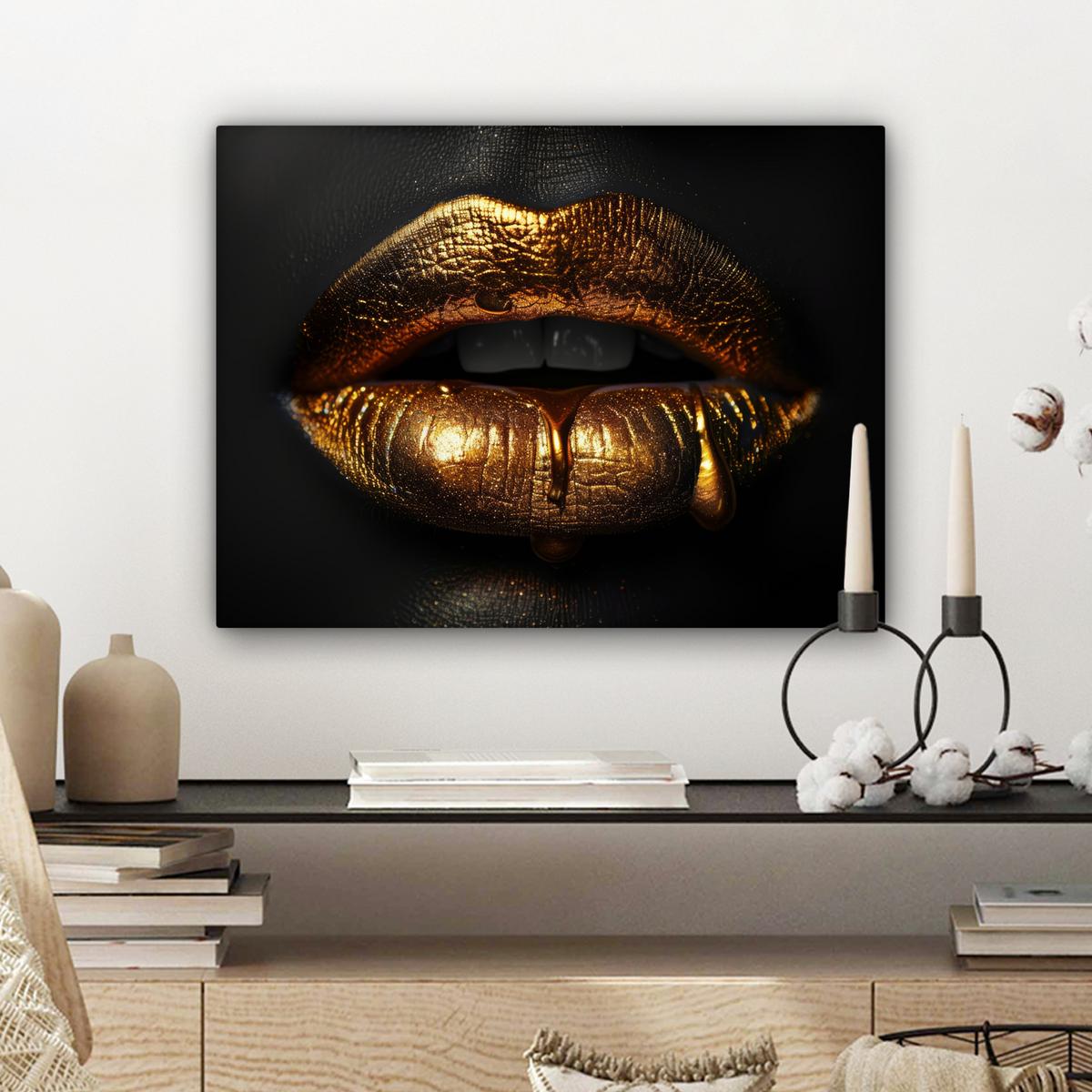 LEINWANDBILD Frau - Porträt - Lippen - Gold - Schwarz Wandbild 40x30 cm - Schwarz, Textil (40/30cm) - MuchoWow