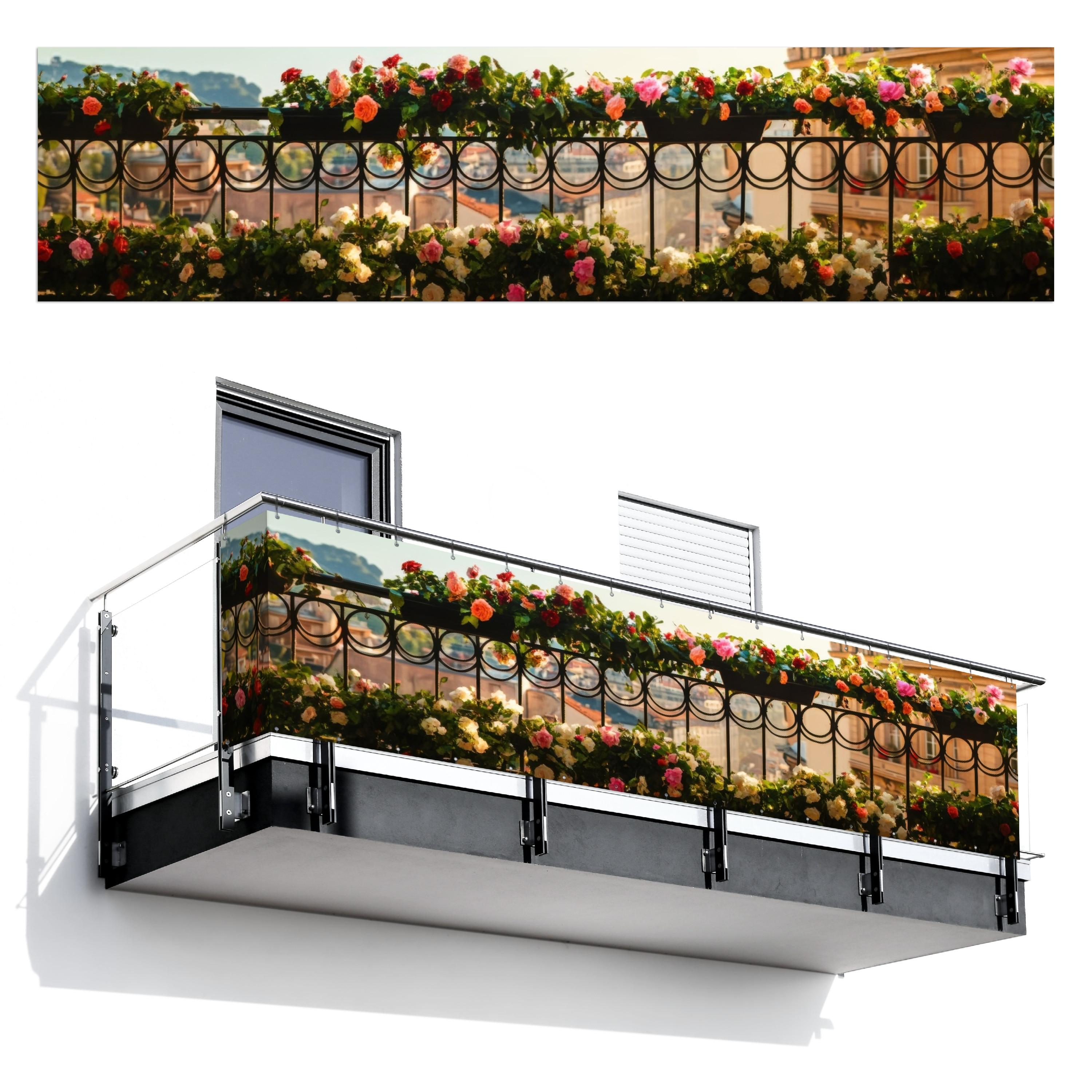 BALKON-SICHTSCHUTZ Blumen - Zaun - Stadtbild - Sommer Deko XXL 500x120 cm - Pink, Kunststoff (500/120cm) - MuchoWow