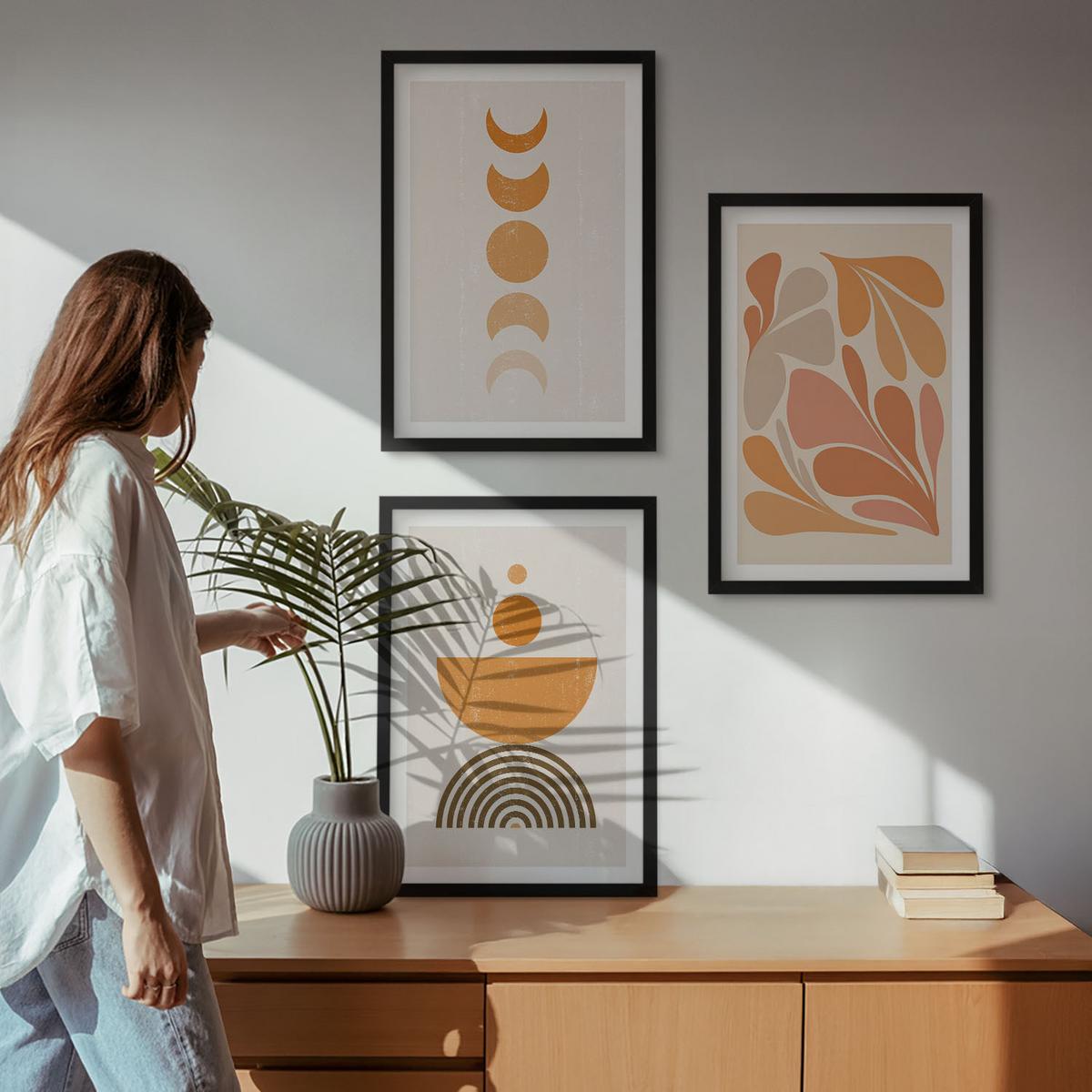 BILDER SET 3er Set - 40x60 cm Schwarzer Rahmen - Abstrakte orange Formen - Schwarz, Kunststoff (40/60cm) - TULUP