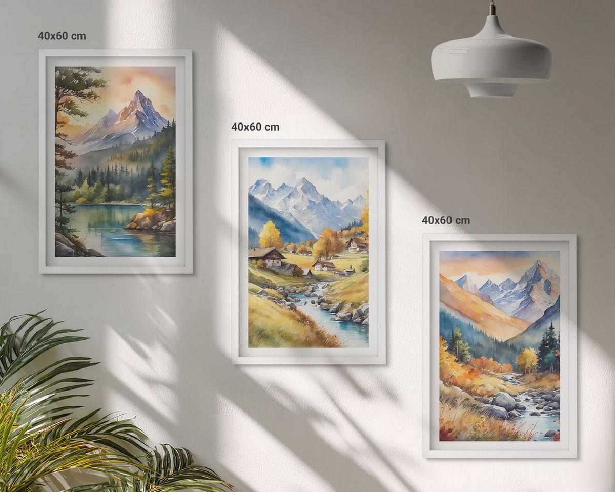 BILDER SET 3er Set - 40x60 cm Weißer Rahmen - Berglandschaft mit einem Fluss - Weiß, Kunststoff (40/60cm) - TULUP