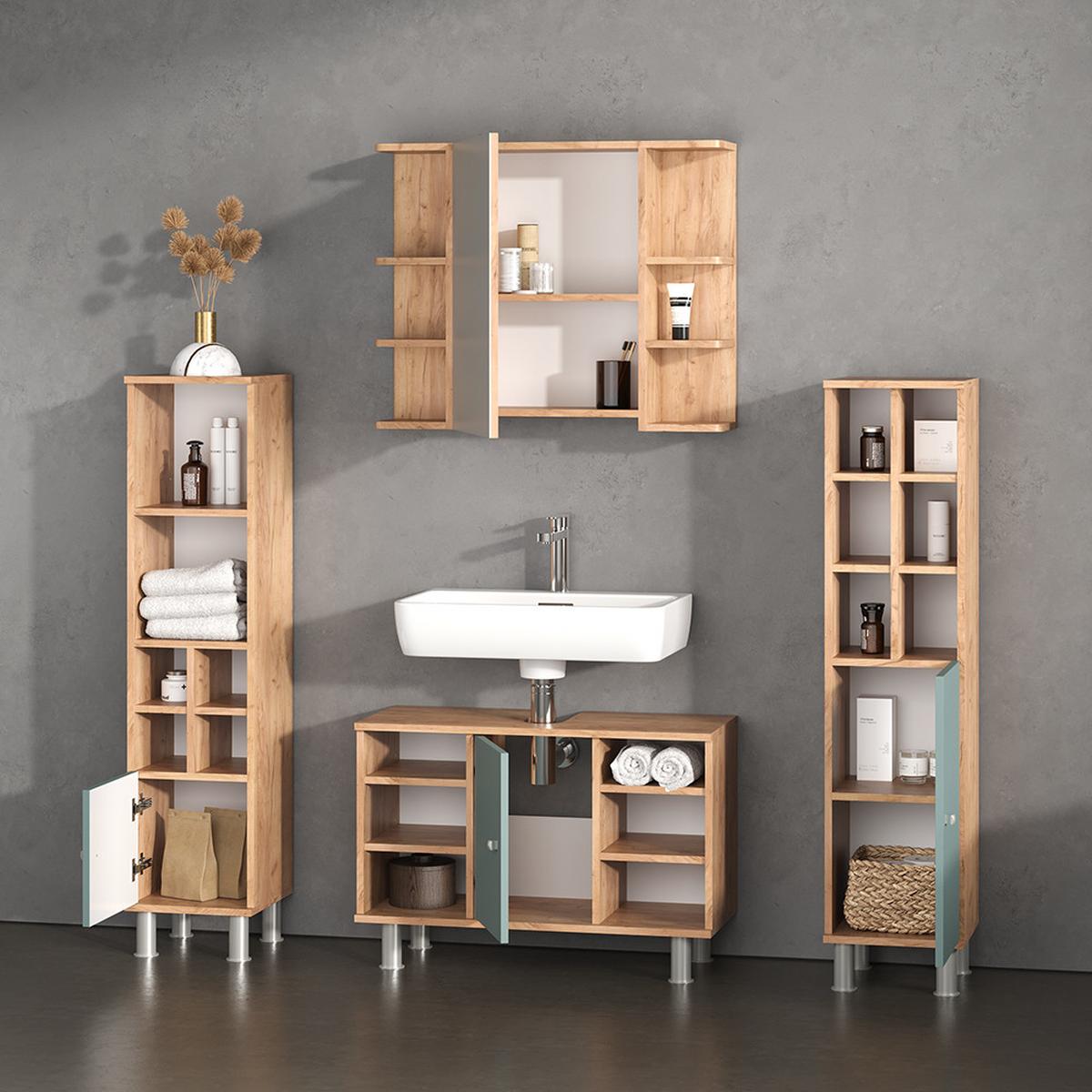 BADMÖBEL-SET Fucino Grün 4 Teile, mit Midischränke - Grün, Holzwerkstoff (60/54/32cm) - Livinity®