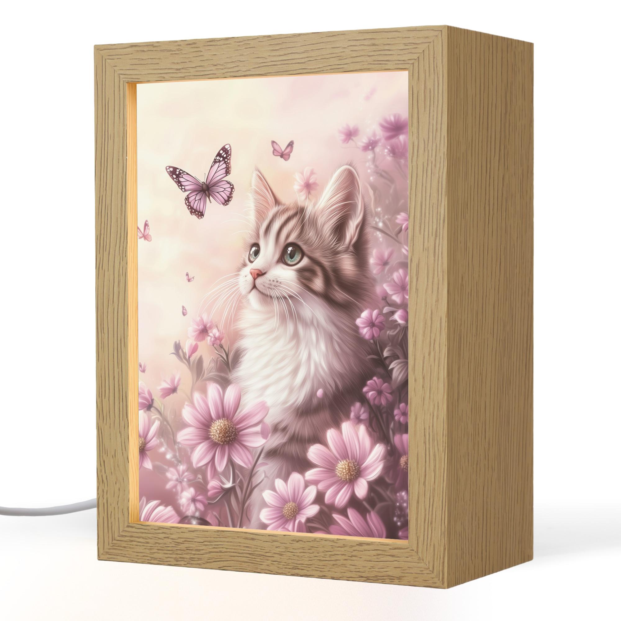 NACHTTISCHLAMPE Kätzchen - Blumen - Schmetterlinge - Lila 15x20 cm - Altrosa, Holzwerkstoff (8/15/20cm) - OnlyWow