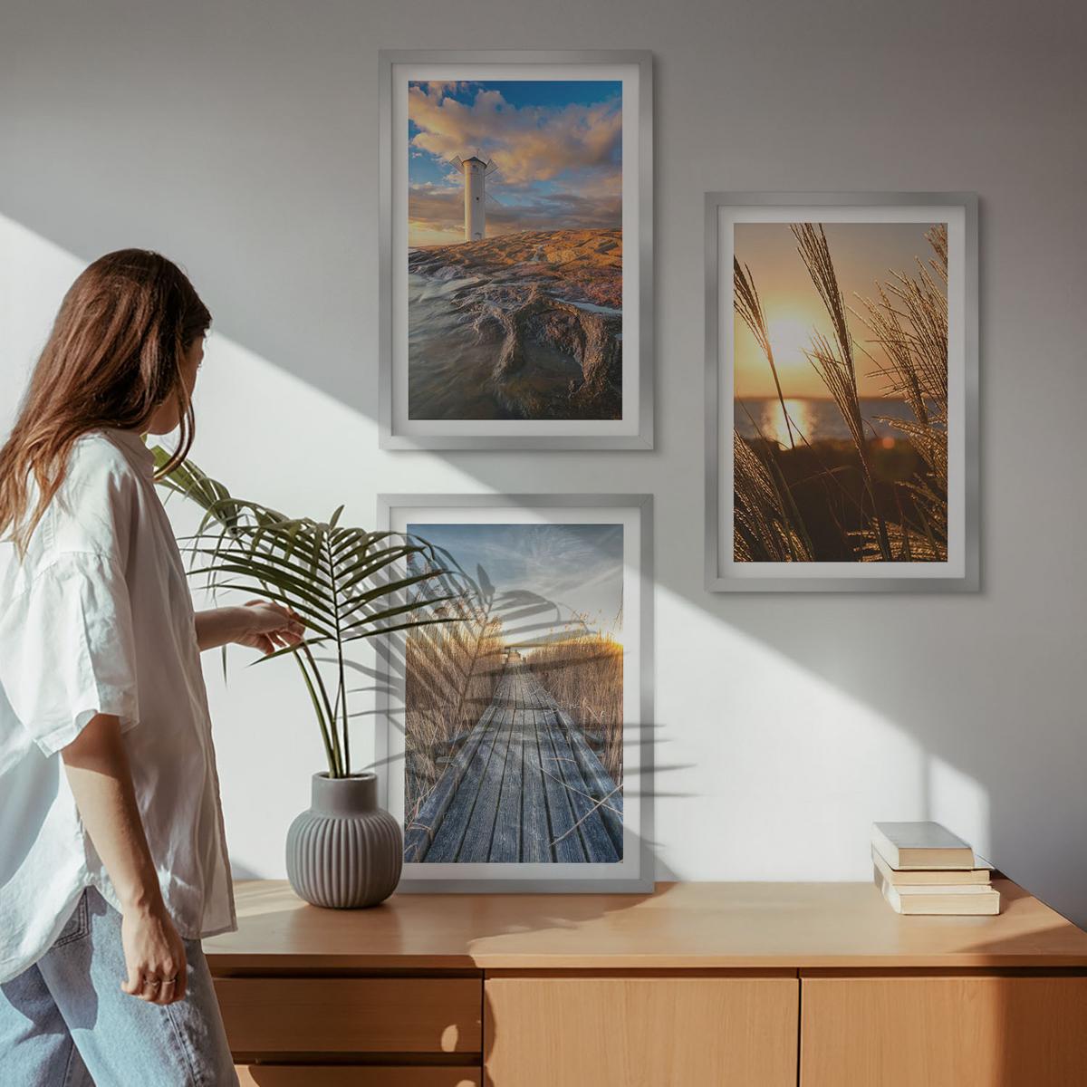 BILDER SET 3er Set - 40x60 cm Silberner Rahmen - Leuchtturm-Grassteg - Silberfarben, Kunststoff (40/60cm) - TULUP