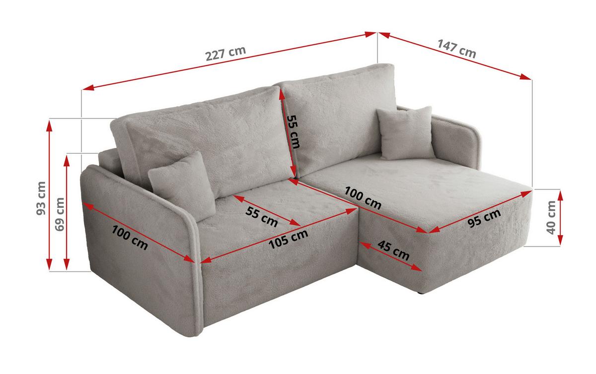 ECKSCHLAFSOFA MESTO L Hellgrau Plüsch - rechts - Hellgrau/Schwarz, Kunststoff/Textil (147/227cm) - MKS