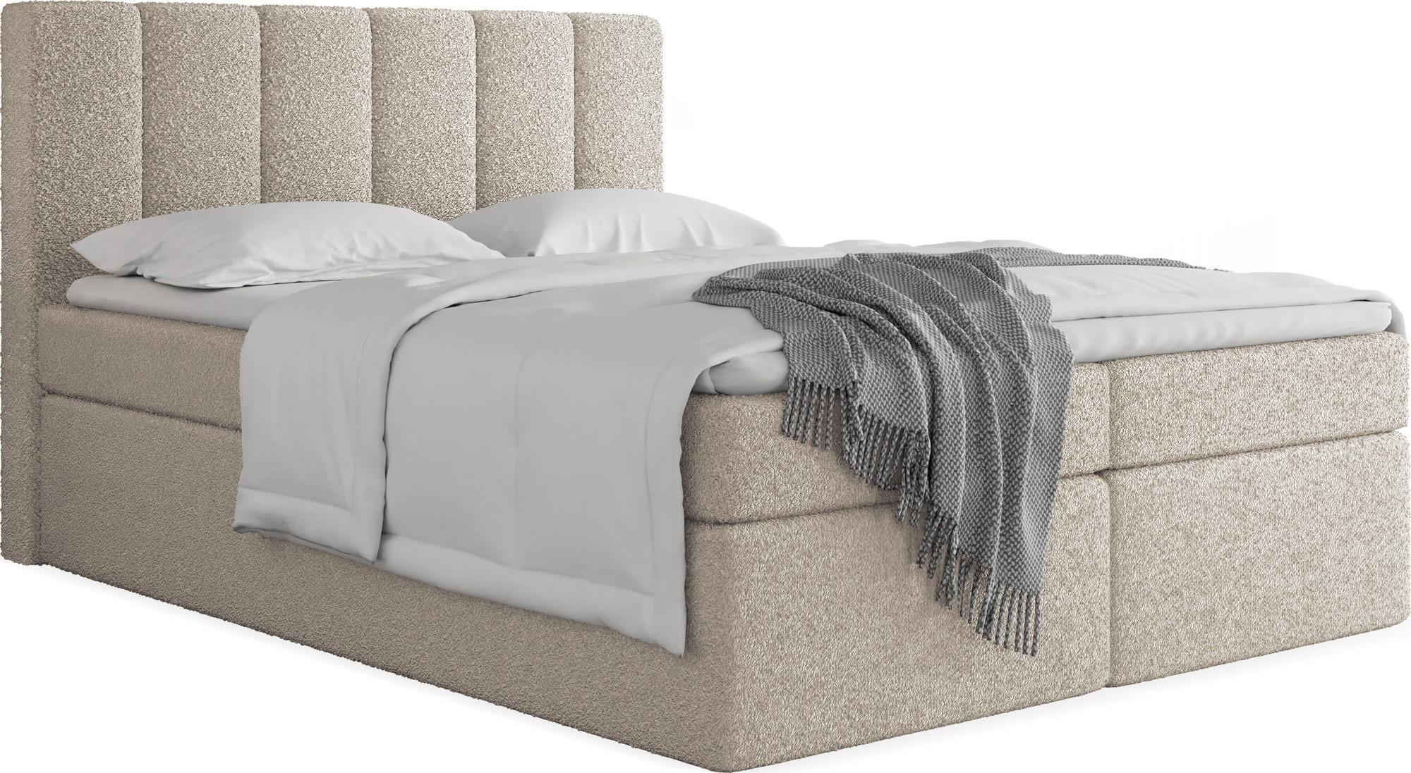 BOXBETT Amira mit Bettkasten, Boucle Beige 160/200 cm – 7-Zonen Taschenfederkern-Matratze & Komfortschaum-Topper - Beige/Schwarz, Kunststoff/Textil (160/200cm) - WFL GROUP