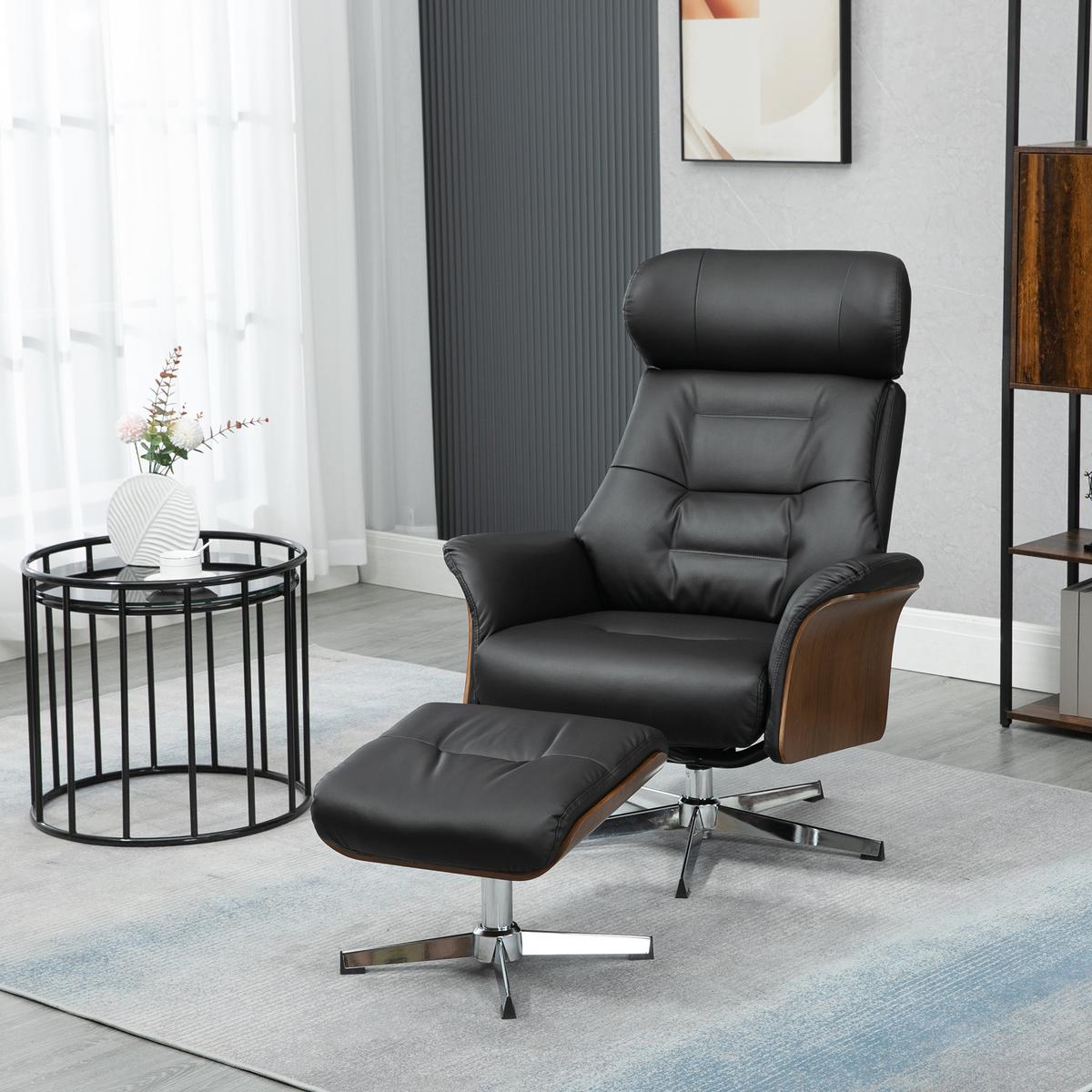 RELAXSESSEL mit Hocker, Fernsehsessel mit Liegefunktion Ruhesessel, TV-Sessel - Silberfarben/Schwarz, Leder/Metall (84/108/80cm) - HOMCOM