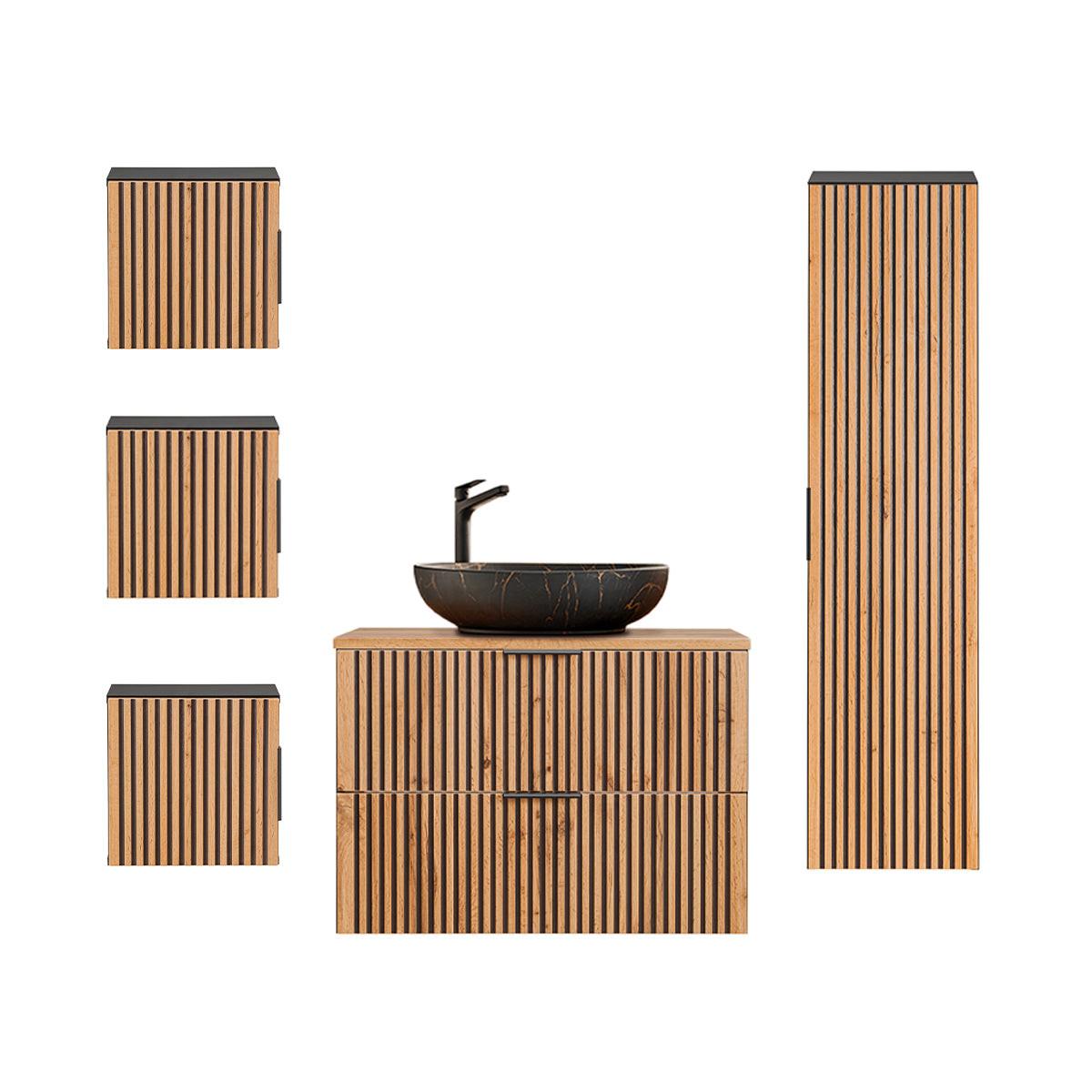 BADMÖBEL 80.6cm Gaia 2er-Set Holz in Eichenoptik und Schwarz - Braun, Holzwerkstoff (80.6/59/46cm) - Petits-meubles