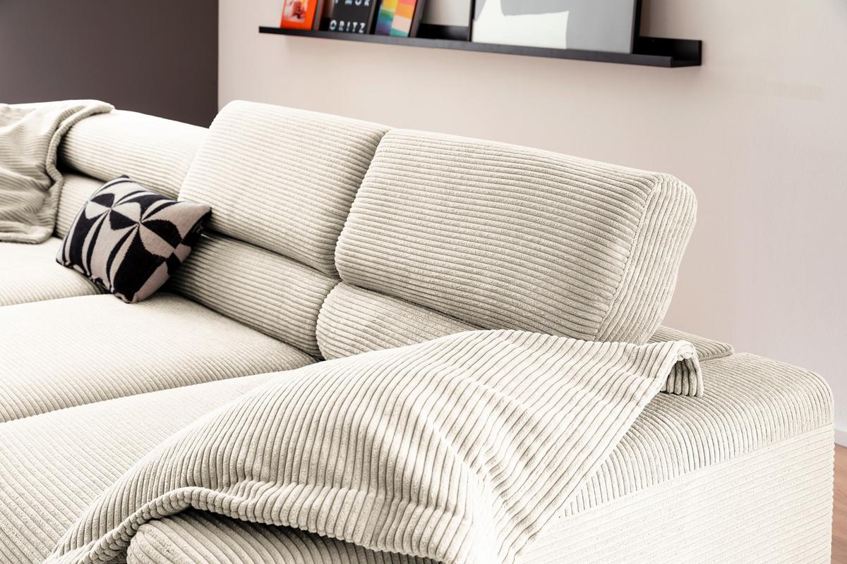 ECKSOFA DELIA Cremeweiß Cord Relaxfunktion - Creme/Schwarz, Textil/Metall (276/219cm) - KAWOLA