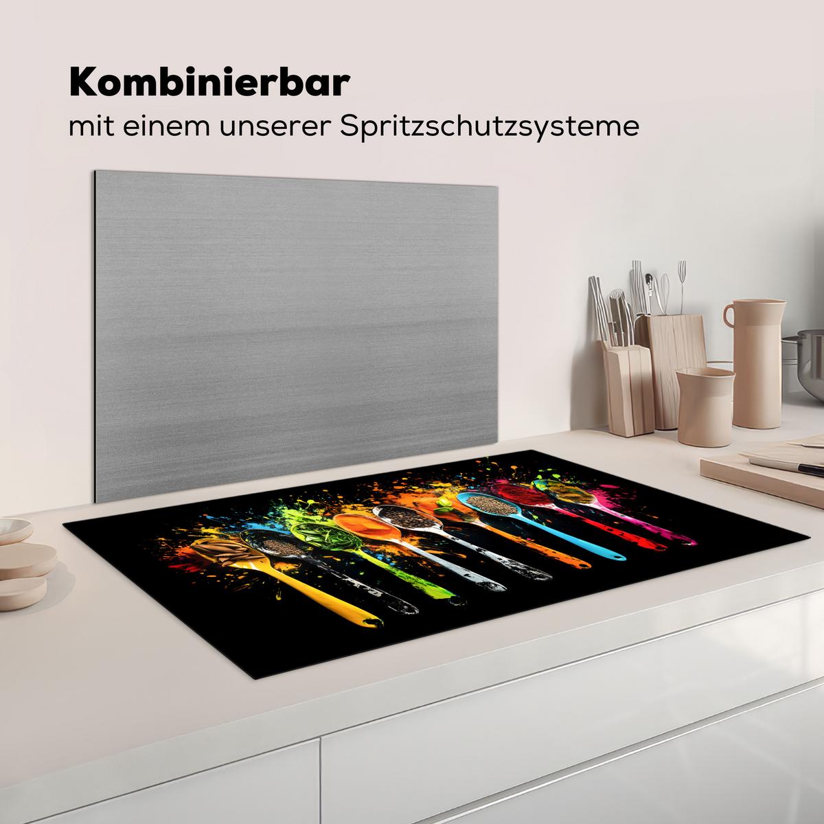 HERDABDECKPLATTE Löffel - Gewürze - Modern - Graffiti - Farbe - Farbenfroh Ceranfeldabdeckung 90x52 cm - Multicolor, Kunststoff (90/52/0.2cm) - MuchoWow