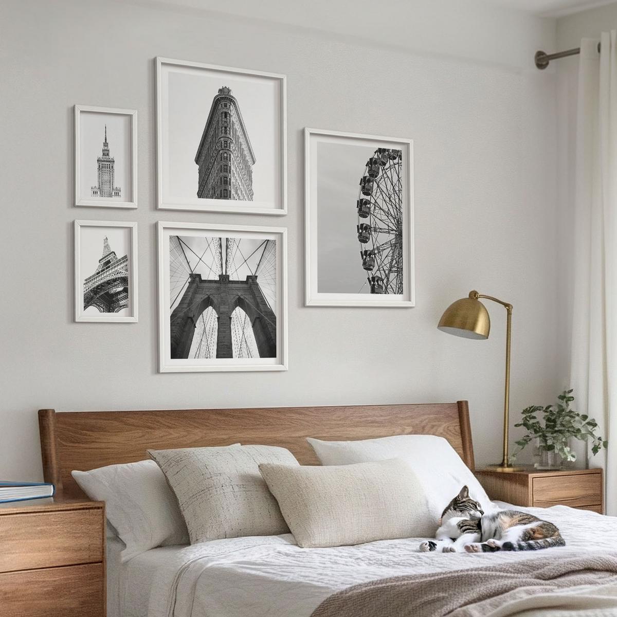 BILDER SET 5er Set - 50x50 cm & 20x30 cm & 40x60 cm Weißer Rahmen - Architektur Schwarz-Weiß-Minimalismus - Weiß, Kunststoff (40/60cm) - TULUP