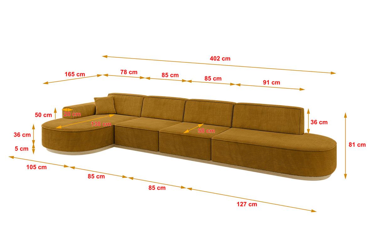 ECKSOFA Ottomane Links MARI-L3-v2 - 413x171x83 cm Senfgelb Cord - Gelb, Holzwerkstoff/Textil (413/171cm) - ALTDECOR