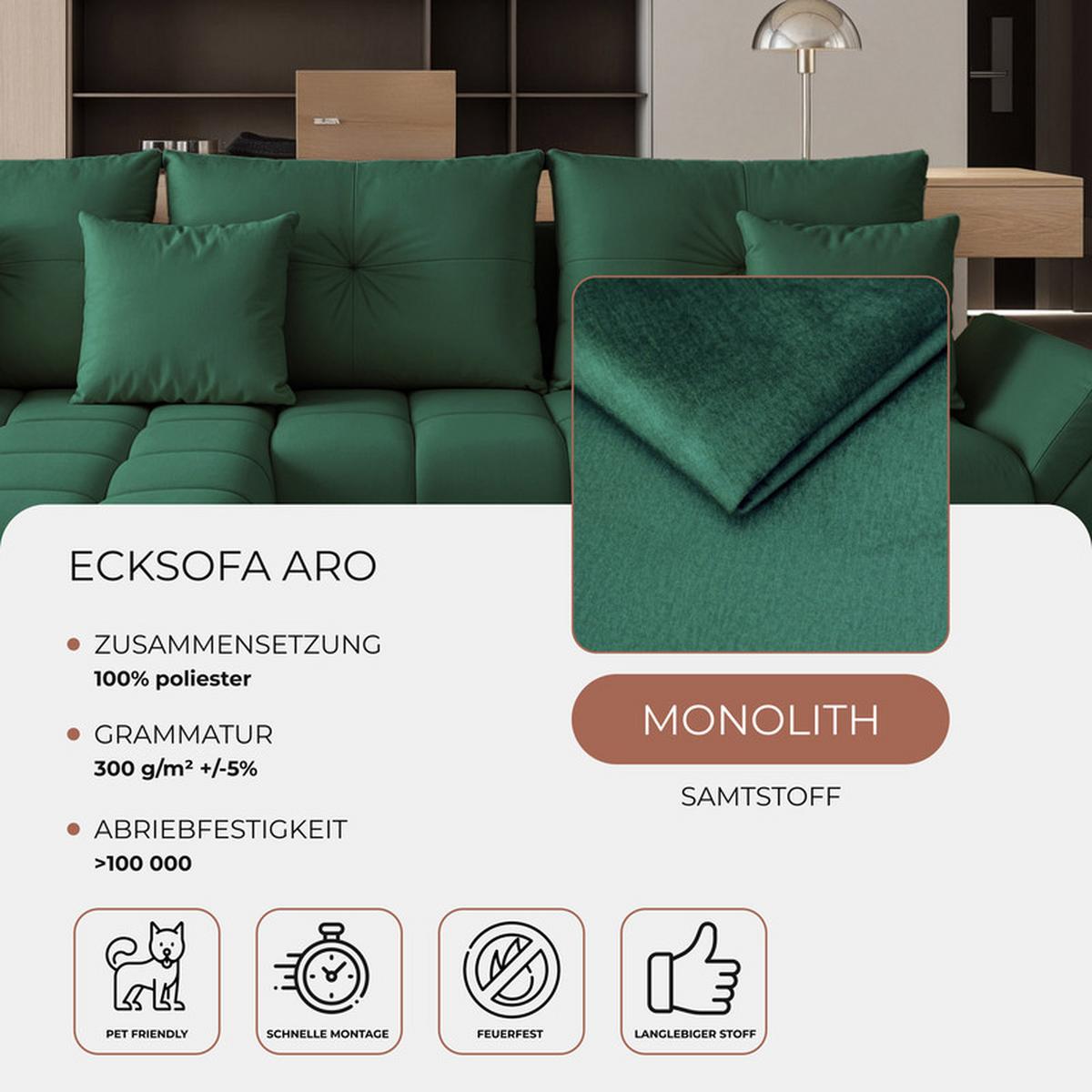 ECKSOFA ARO mit Schlaffunktion und Bettkasten Grün - Schwarz/Grün, Kunststoff/Textil (280/190cm) - Idohome