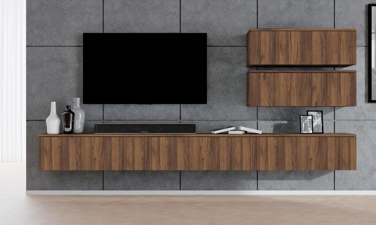 WOHNWAND Loriano V Nussbaum Warmia 300/102/32 cm Anbauwand - Nussbaumfarben, Holzwerkstoff (300/102/32cm) - AX Living