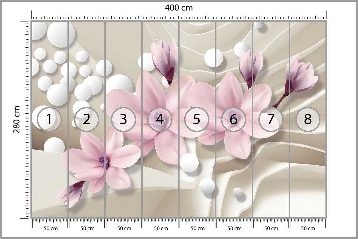 FOTOTAPETE für Wohnzimmer BLUMEN Magnolien ROSA Welliges Raumhintergrund 400x280 - Beige/Rosa, Papier (400/280cm) - Muralo