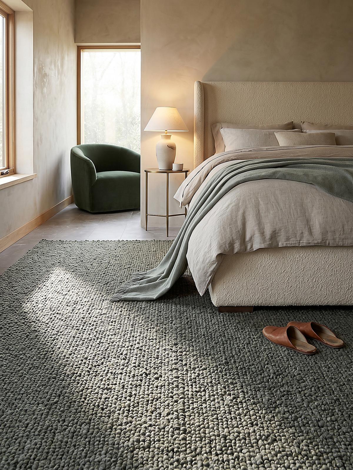 KURZFLORTEPPICH handgewebt GLAVEN, Bouclé-Struktur, Grün-Grau, 120 x 170 cm - Grün, Textil (120/170cm) - KADIMA DESIGN