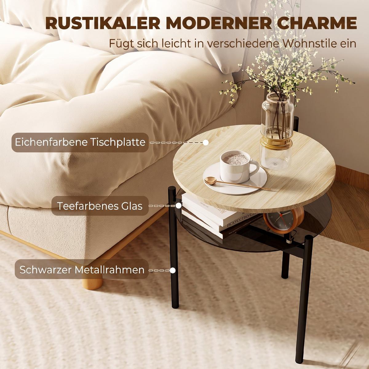 BEISTELLTISCH Spanplatte Glas Eiche - Eichefarben/Schwarz, Glas/Holzwerkstoff (41.8/39.8/53.5cm) - HOMCOM